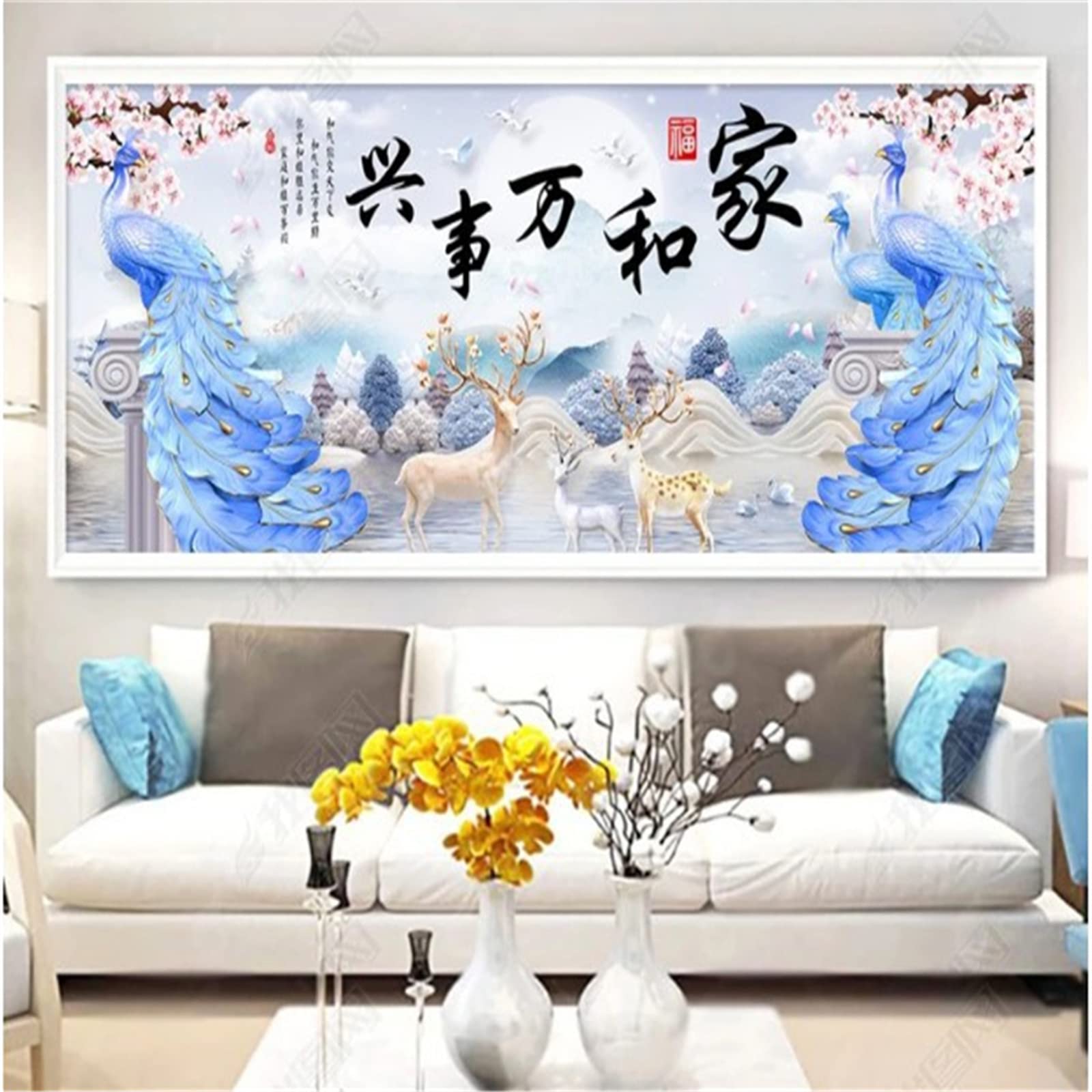 Tinnoon Diamond Painting Paon Cerf,Grand Taille Peinture Diamant par Numéros Kits Complet Strass Cristal Point de Croix Broderie Art pour la Décoration à la Murale Salon/Chambr-square drill,60x120cm