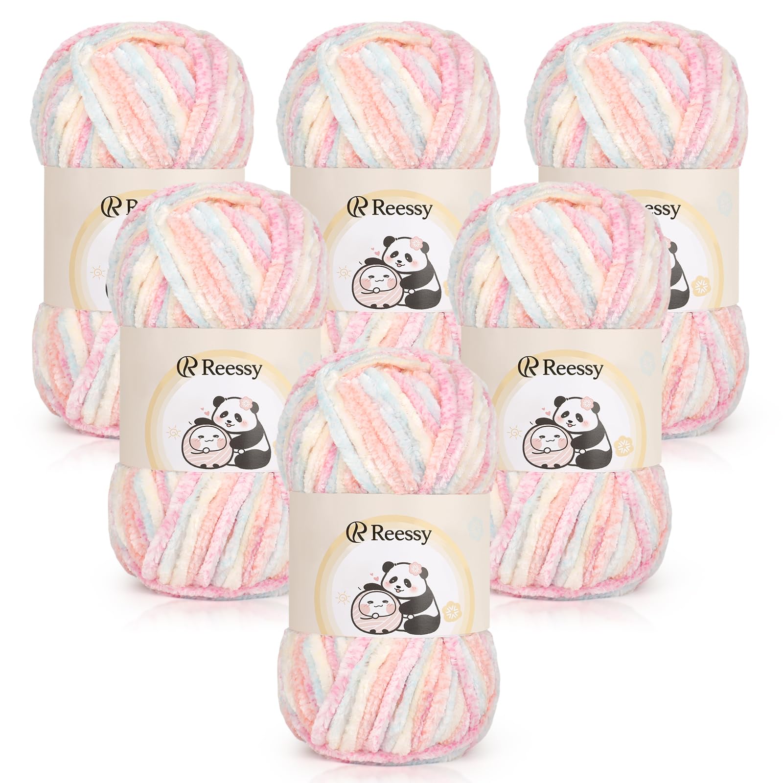 Reessy Chenille Yarn 600g(6×100g), Super Soft Fluffy Velvet Yarn Set, Thick Rainbow Yarns Knitting Wool for Knitting and Crochet Amigurumi, Handbag, Blankets, DIY(Rainbow)