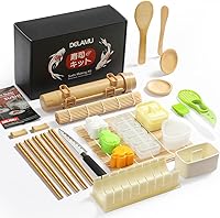 Delamu 27-in-1 Sushi Making Kit for Beginners & Kids: Bamboo Mats, Bazooka Roller, Onigiri Molds, Knife, Guide Book