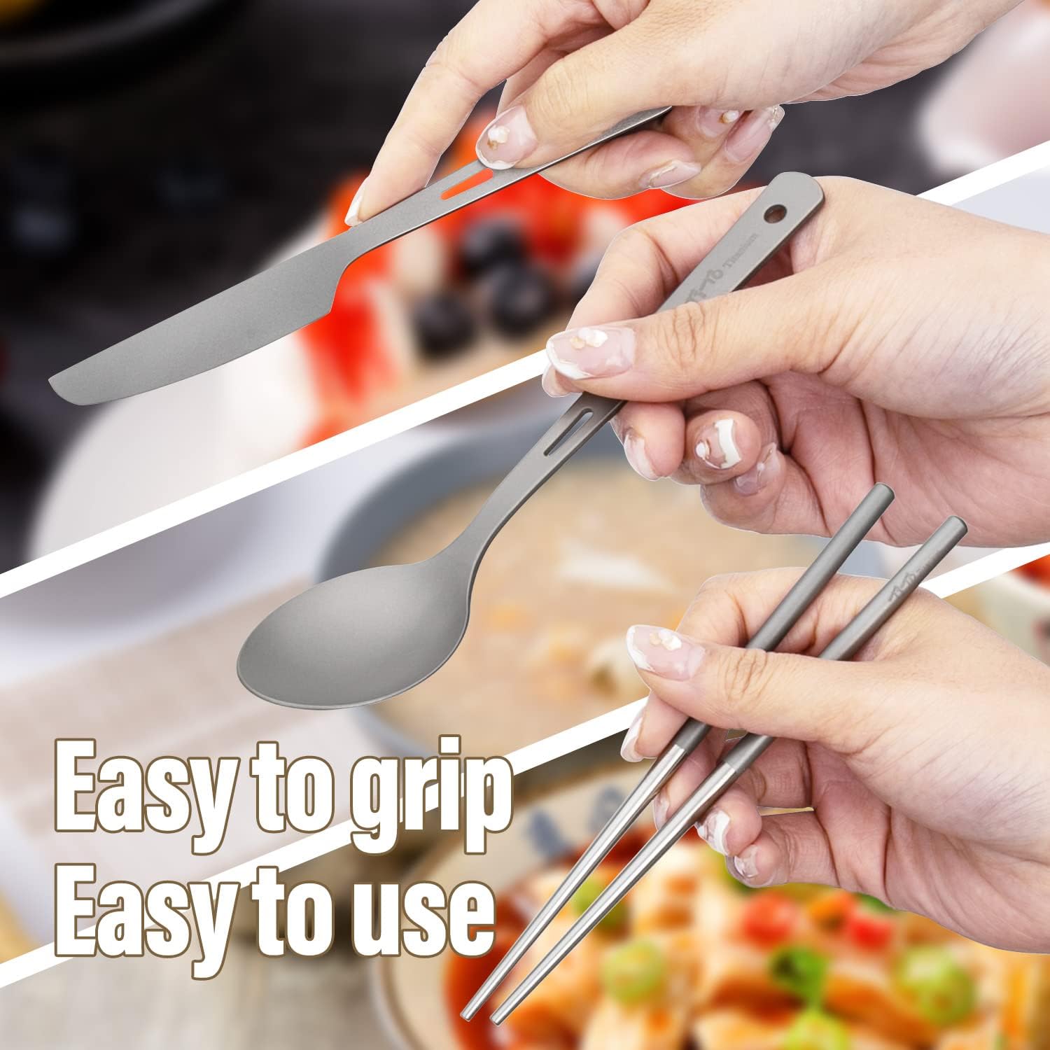 TiTo Titanium Cutlery Set Titanium Spoon Spork Knife Chopsticks Straw Portable Lightweight Outdoor Flatware Extra Strong 3/4/5 Piece Straw for Home Use/Travel/Camping/Picnic/Hiking Tableware (5-Piece)
