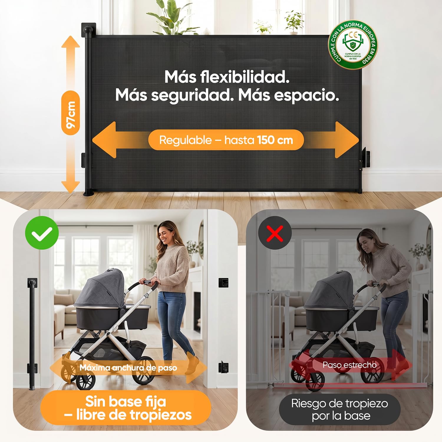 Sekey Barrera Extensible para escaleras 0-150 cm – Altura 97 cm, Sin taladrar + Tornillos incluidos | Cancel Plegable para Puerta, Escalera, Perro (Pack de 2)