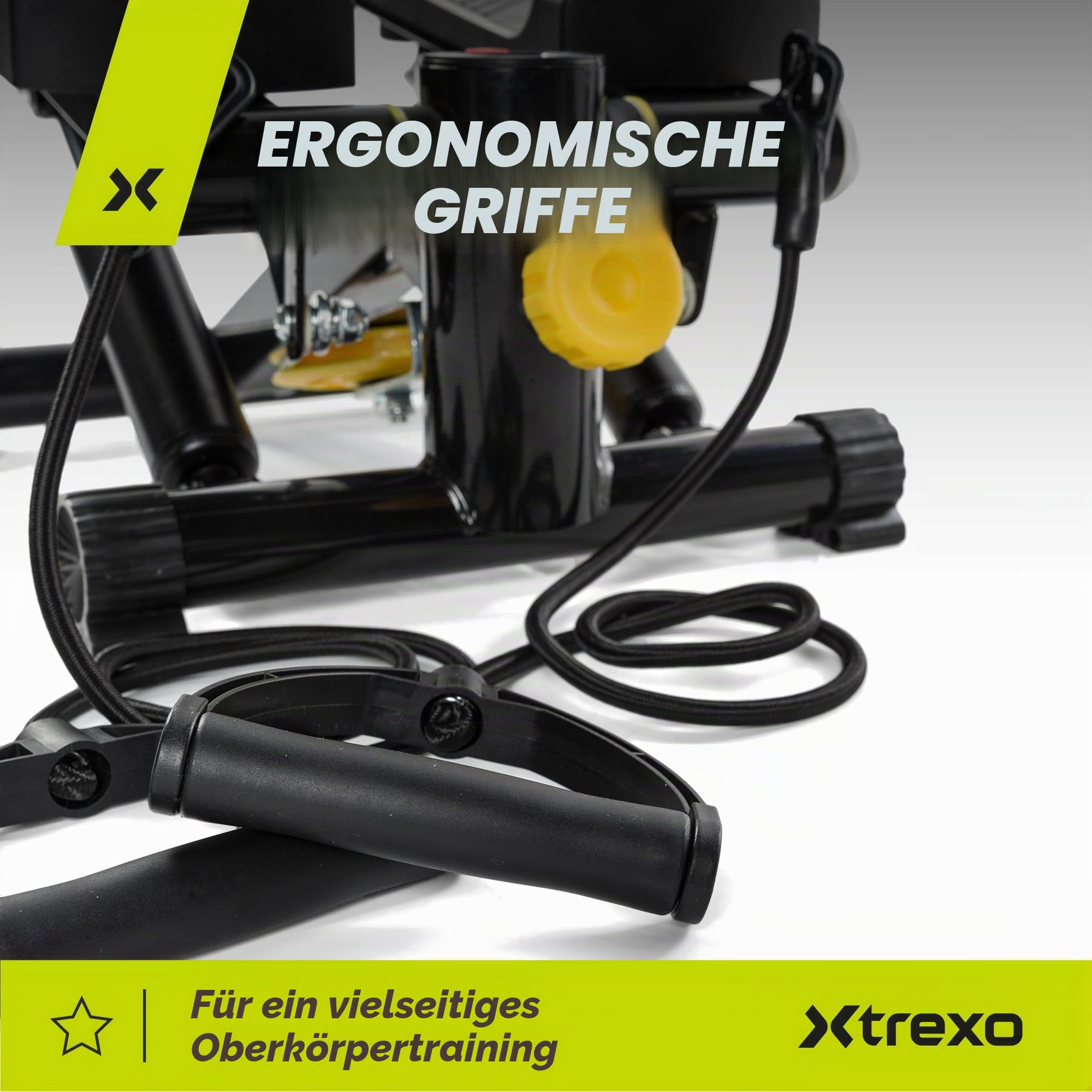 XTREXO Fitness Stepper für Zuhause | Einstellbare Pedalhöhe und Widerstand, Gut ablesbares Display, Hochbelastbare Kabel | Hometrainer bis zu 100 kg für Home Workout, Cardio | Schwarz/Gelb | FS100