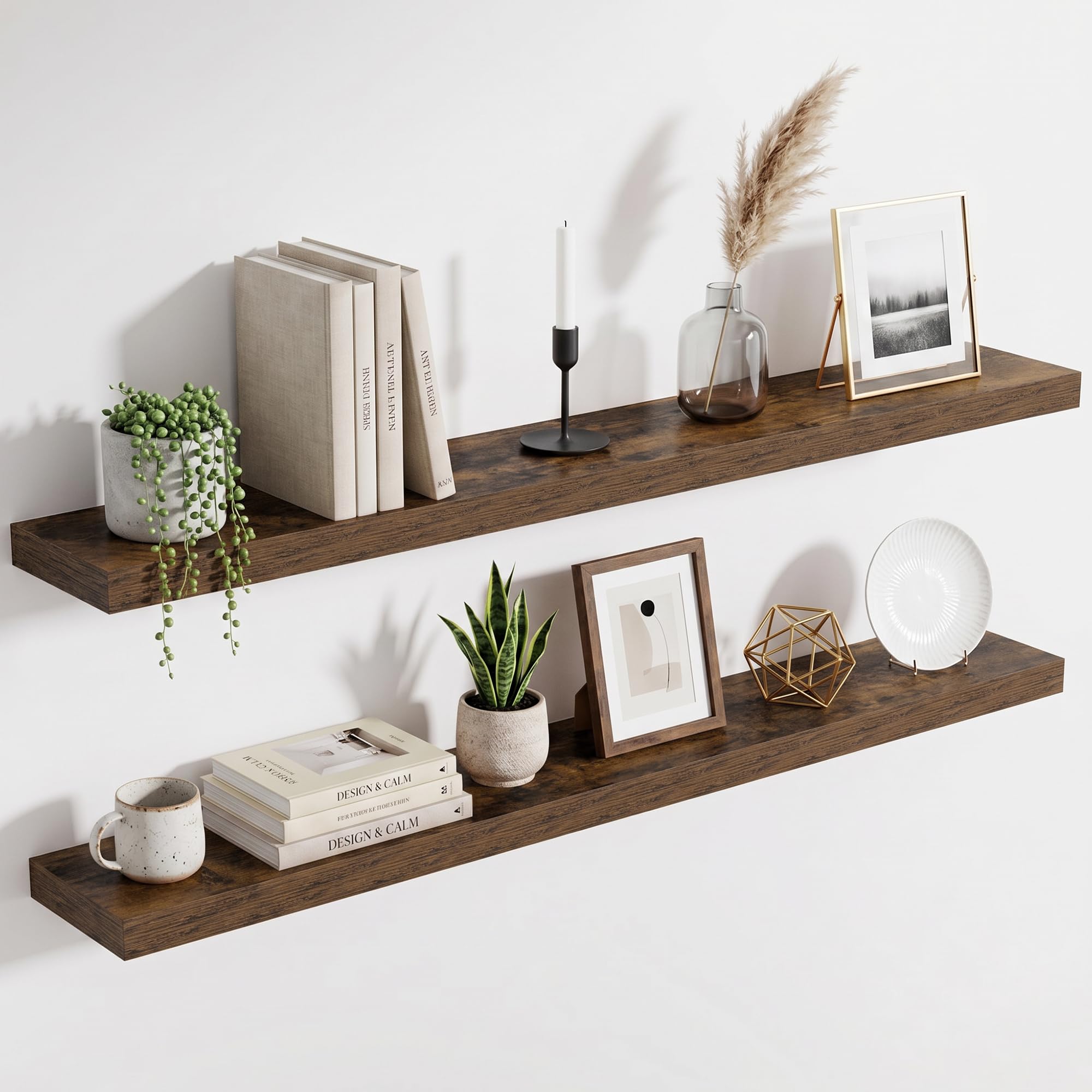 Acovy Floating Shelves for Wall, Extra Thick 120cm Long Wooden Wall Mounted Shelf, Wall Shelves for Living Room Bathroom Bedroom Kitchen, Vintage Brown, Set of 2