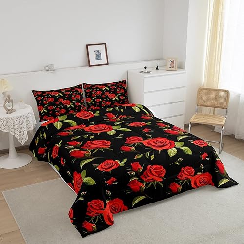Miniatura 2 de Erosebridal Juego de ropa de cama para mujer, diseño de flores rojas, tamaño individual, edredón acolchado con flores románticas de San Valentín,