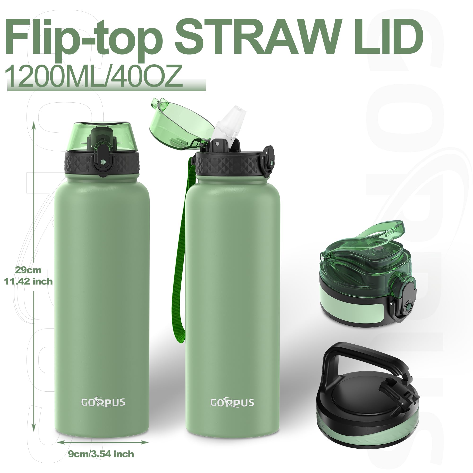 GOPPUS 1.2L/40oz Stainless Water Bottle with Straw Double Wall Insulated Bottles with Strap Large Vacuum Thermal Flask Leakproof Keep Cold Drinks Bottles with Flip Top Lid for Men Women BPA Free - Image 4