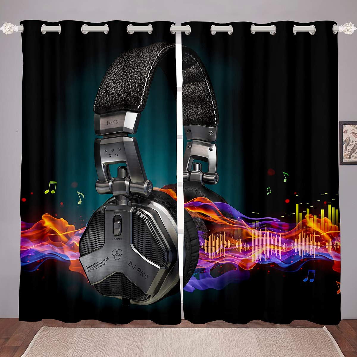 3D Headset Curtains Rock Music Theme Curtains for Bedroom Living Room for Kids Boys Adults Note Melody Windows Drapes Popular Music Room Decoration, W46*L54