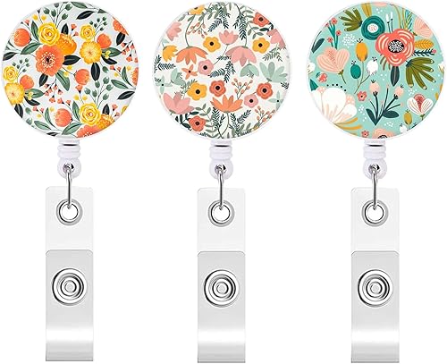 Carrete retráctil con clip para enfermeras, profesores, estudiantes, voluntarios, empleados de oficina (paquete de 3 flores coloridas)