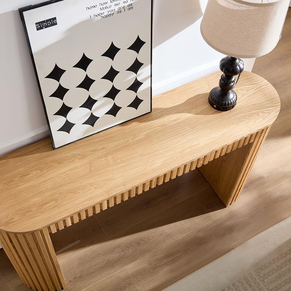 59.05" Fluted Console Table with Storage Drawers Long Foyer Table with Drawers Sofa Table Wooden Hallway Table Rustic Farmhouse Accent Entryway Table for Living Room, Corridor Oak