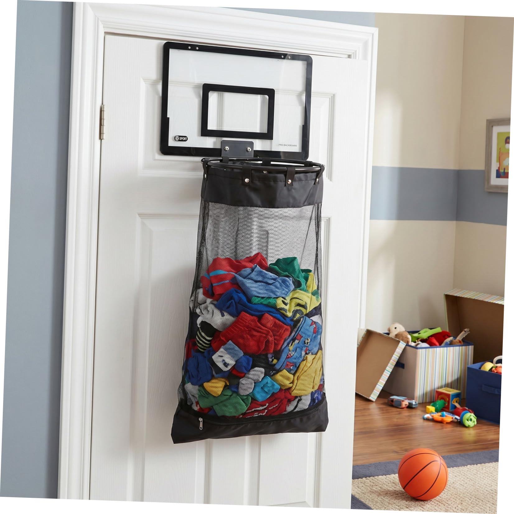 Basketballwurf Wäschekorb mit Türhaken, Schwarzes Kunststoffnetz,