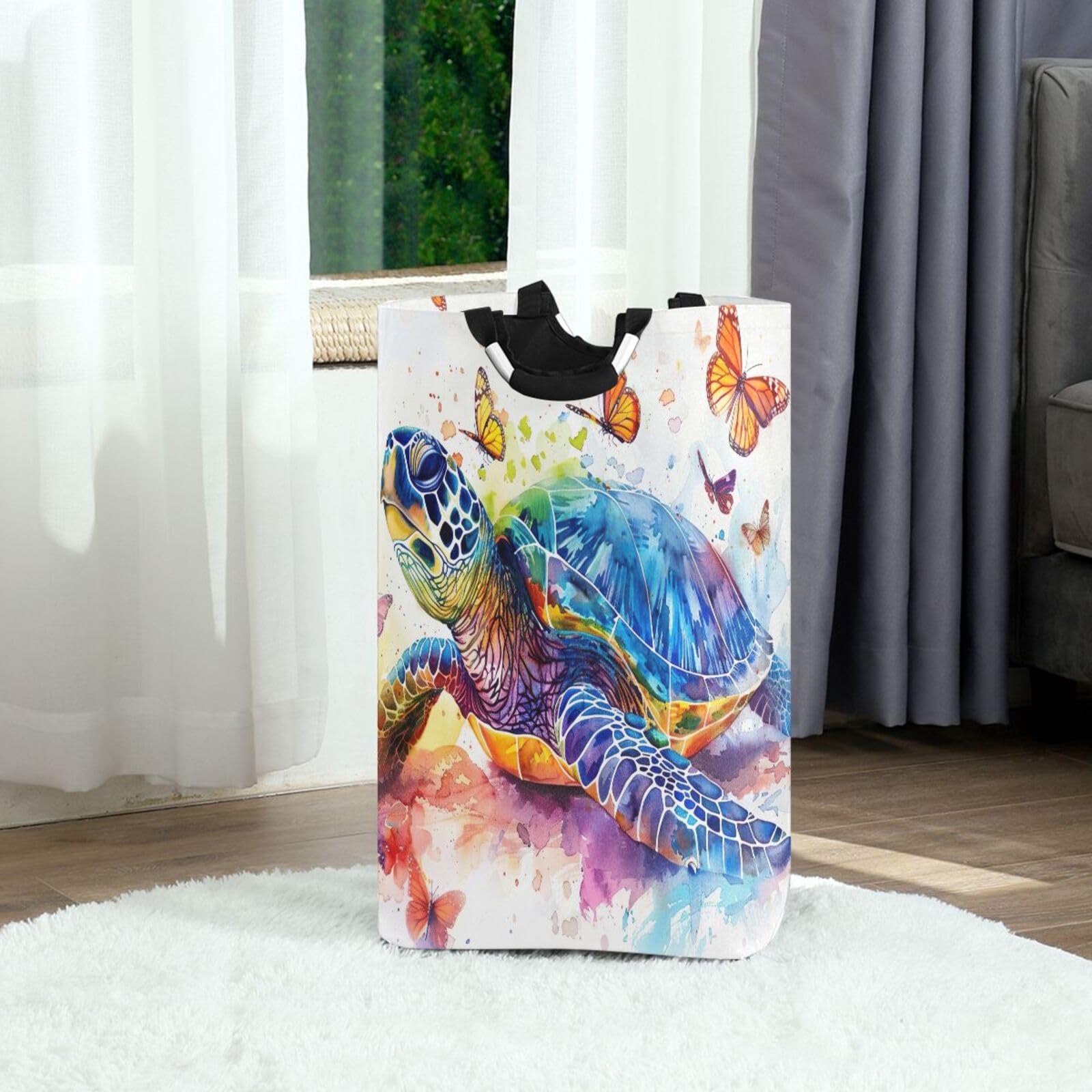 Jihqo Laundry Hamper Basket Watercolor Turtle Butterfly Collapsible Nursery Storage Bin Waterproof Clothing Baskets for Home Bedroom Bathroom Washing Room