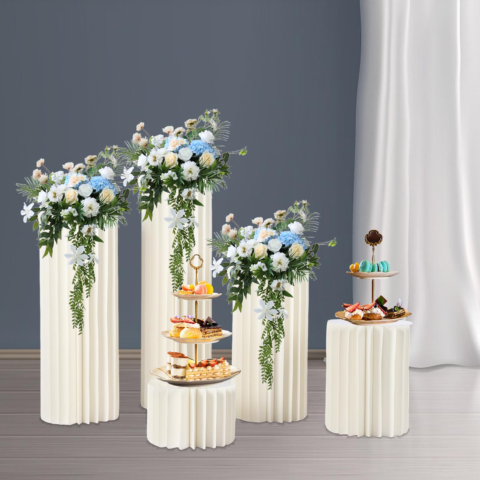 Set di 5 supporti per fiori in cartone bianco con piastra in PVC, colonne decorative pieghevoli, 20-100 cm, stabili e riutilizzabili, per matrimoni, feste e decorazioni da tavolo, portata 50 kg