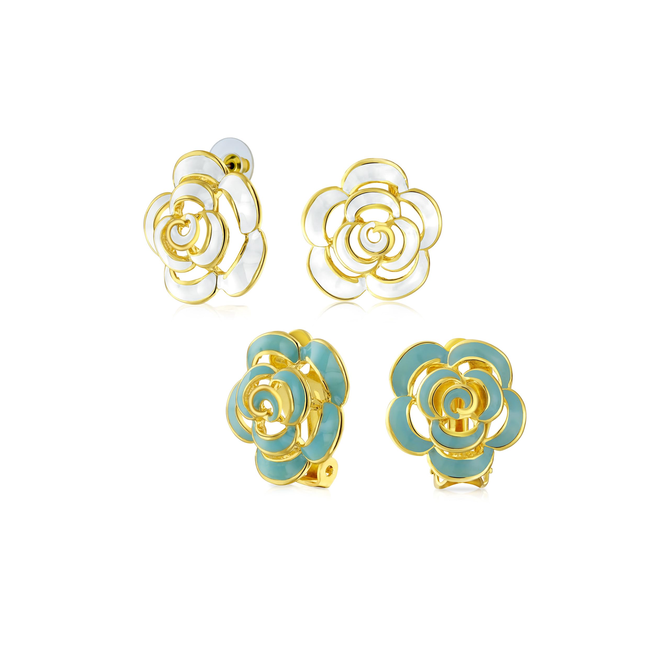 Set di due moderni orecchini a clip in smalto blu 3D e orecchini a bottone bianchi placcati oro 14k