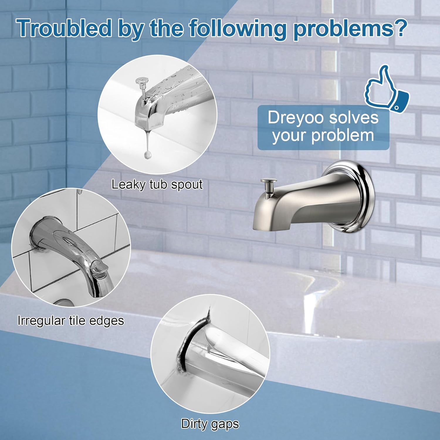 Dreyoo Tub Spout Kit Compatible with American Standard 8888026.002, Slip On Diverter Tub Spout with Metal Cover Ring and Gasket, Bathroom Bathtub Faucet Fits 1/2'' Copper Water Tube (Brushed Nickel)