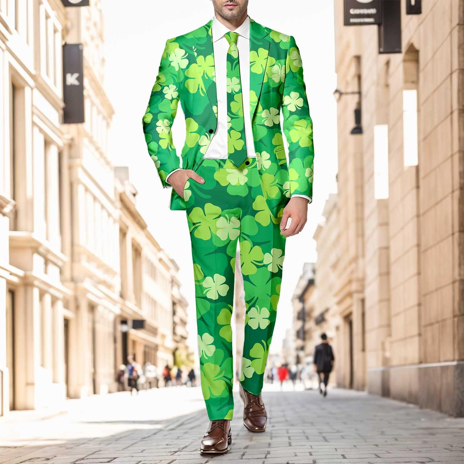 St Patricks Day Kostüm Herren Party Anzug St. Patrick Anzüge mit Festlichen Druck Beer & Shamrock Clover Tailliert Party Kostüme Outfit Mit Jackett und Hose Festlichen Kleeblatt Anzug