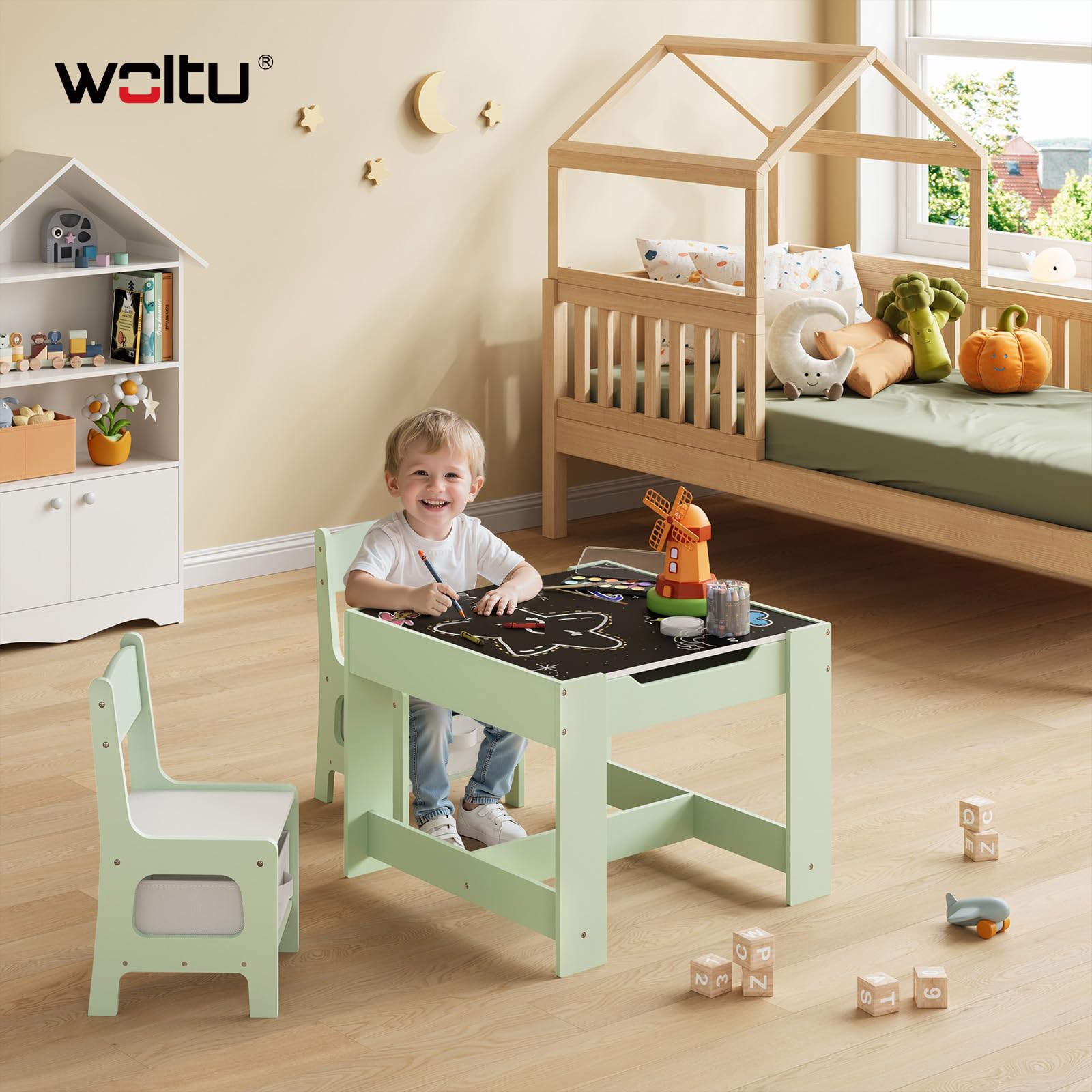 WOLTU Table et 2 Chaises pour Enfants, Mobilier pour Crèche avec Rangement, Plateau de Table Réversible,pour Enfants Plus de 2 Ans, en Bois MDF, Vert et Blanc