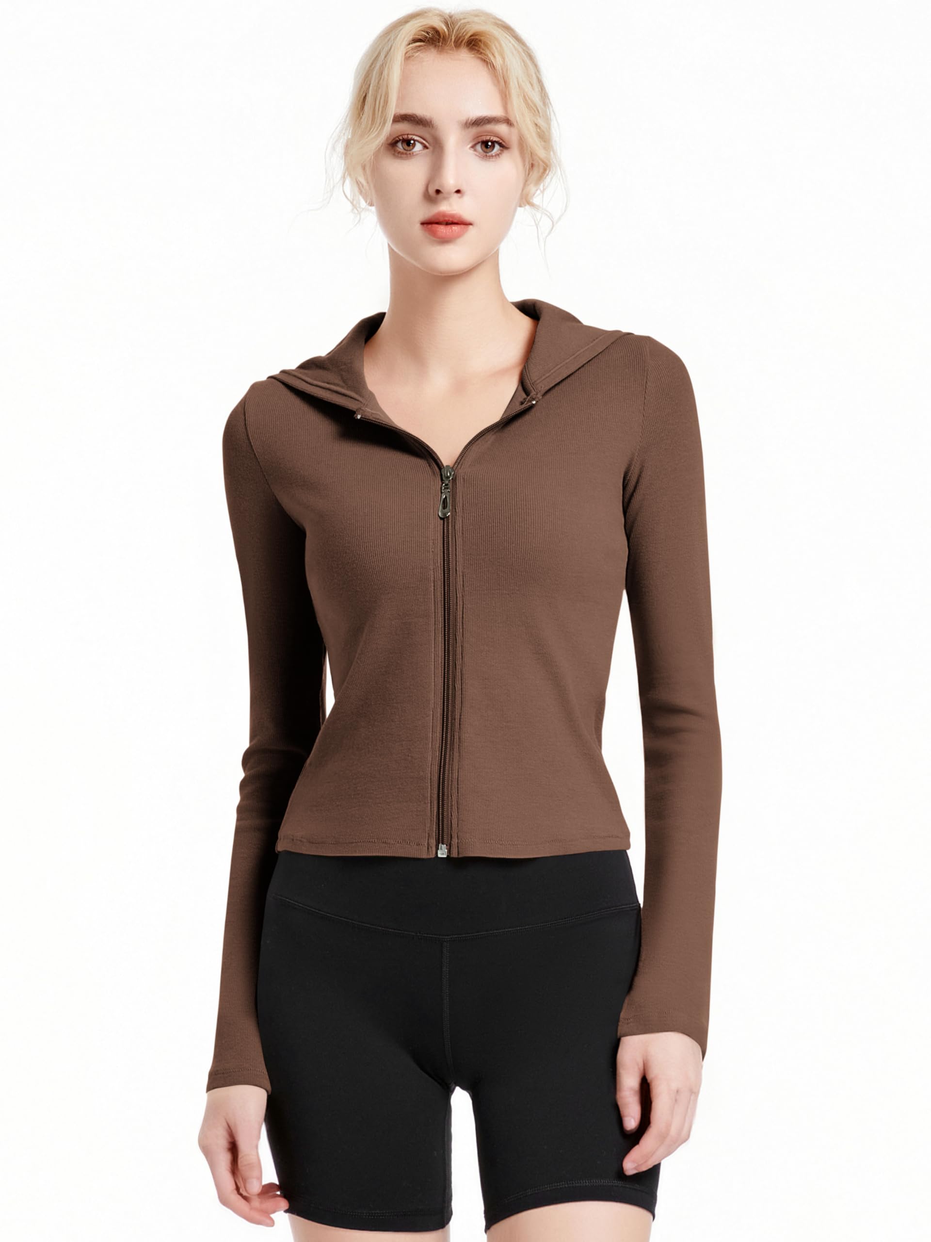 Abonlen Ribbed Hoodies for Women Lightweight Full Zip Up Jackets Long Sleeves Tops Fitted Cropped Sweatshirt, Dark Coffee, Medium