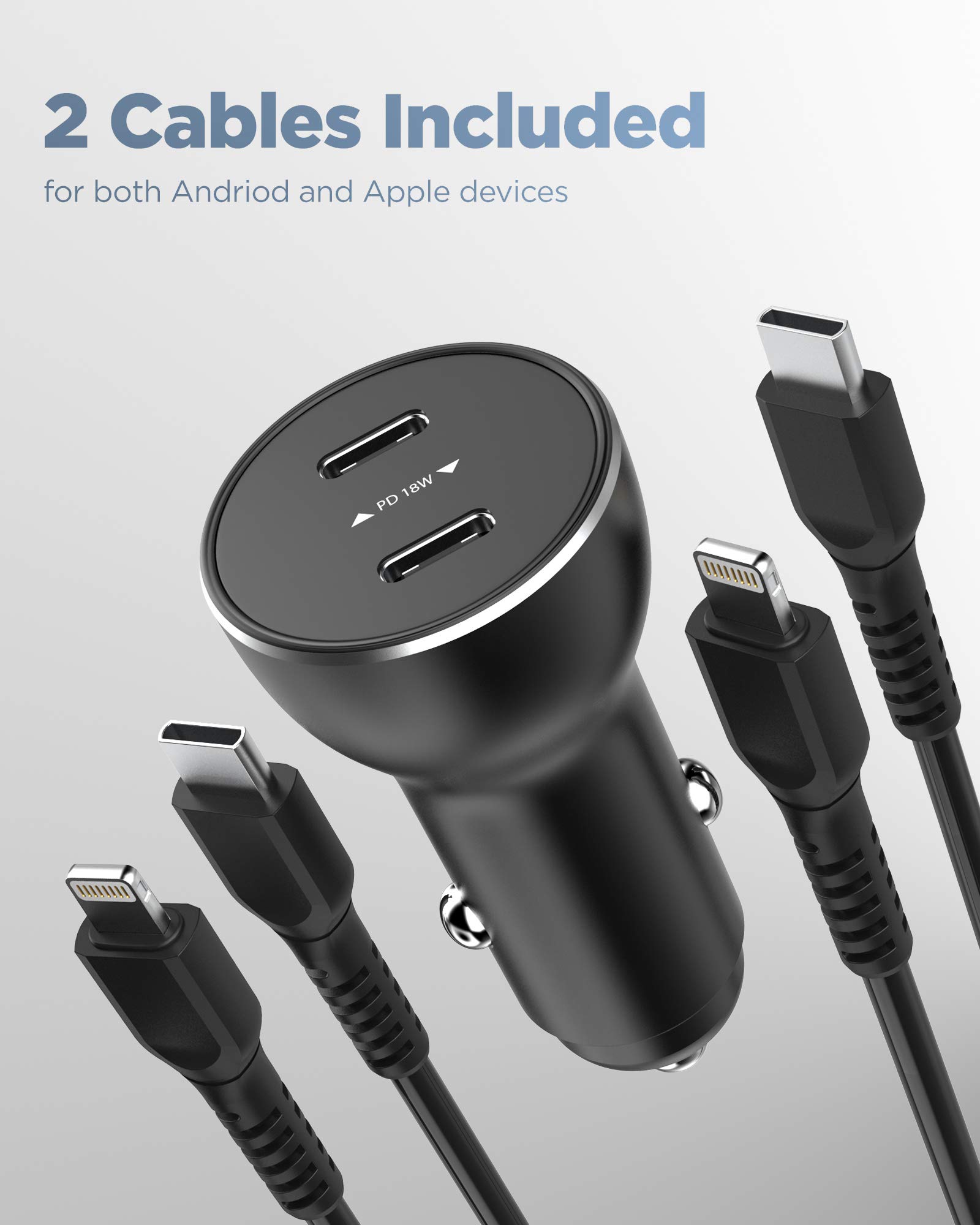 Galvanox Cargador de coche para iPhone, puertos de carga rápida de 18 W (36 W) PD multi adaptador con 2 cables USB C a Lightning para iPhone 11/Pro Max/7/8/Xs Max/XR