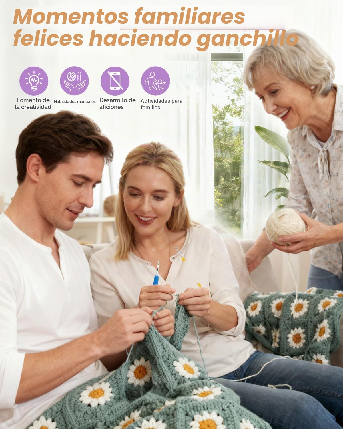 Coopay Juego de ganchillo Granny Square para principiantes, juego de ganchillo para manta de margaritas, juego de ganchillo completo con aguja de ganchillo, hilo de ganchillo, juego de ganchillo con