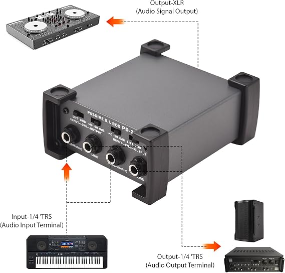 Mtlavish 4 Channels Passive DI Box Signal Processing for Touring and Live Performances with Solid Extruded Aluminium Chassis Rubber Feet and Floor Stay Switch