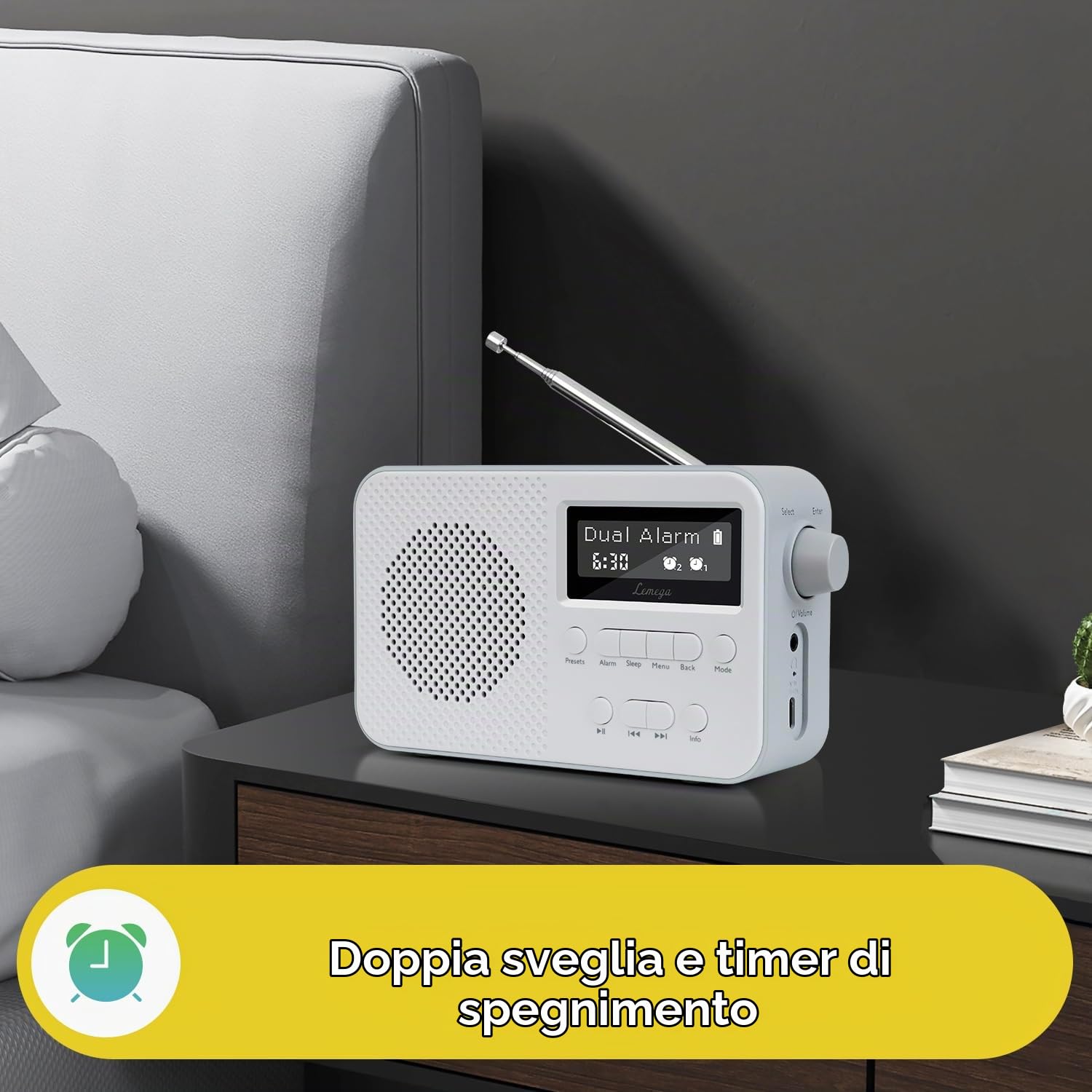 Radio DAB con Bluetooth,Radio Digitali Alimentazione a Corrente e Batteria,Batteria Ricaricabile 15 ore di Riproduzione,Doppia Sveglia,FM,40 Stazioni Preimpostate,Bluetooth 5.3,LEMEGA PR2-Max Grigio