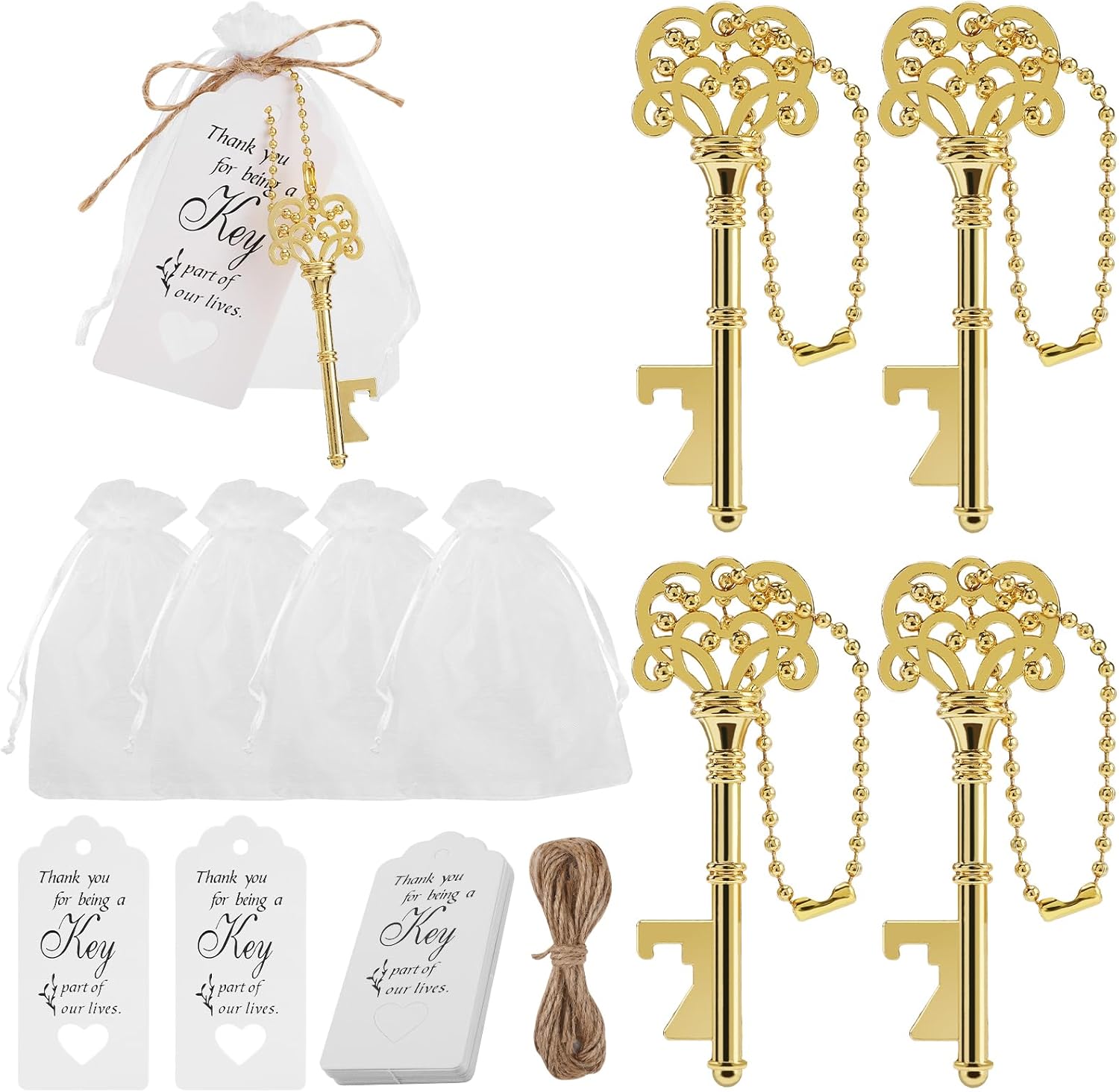 20 piezas de abrebotellas de esqueleto vintage con bolsas de organza, etiquetas de agradecimiento, cuerda de yute y cadenas, regalos perfectos de