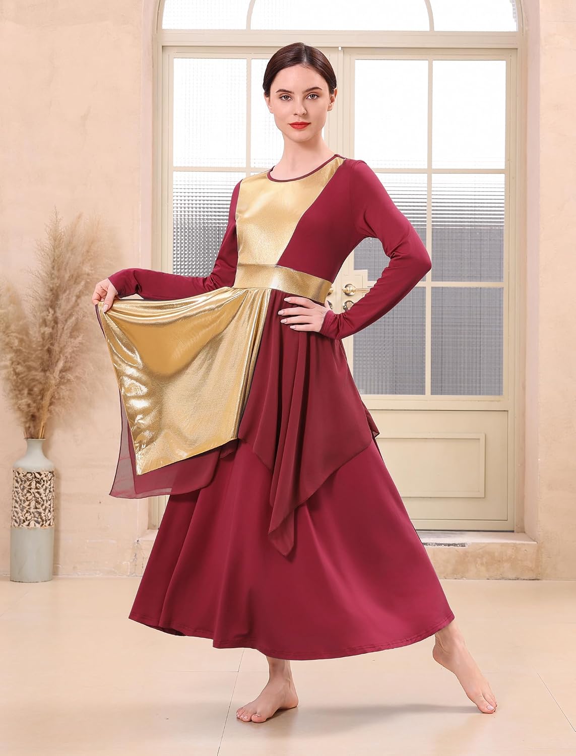 IDOPIP Metallic Praise Dance Dress for Women Asymmetric Ruffle Overlay Dresses Liturgical Lyrical Dancewear Worship Costume