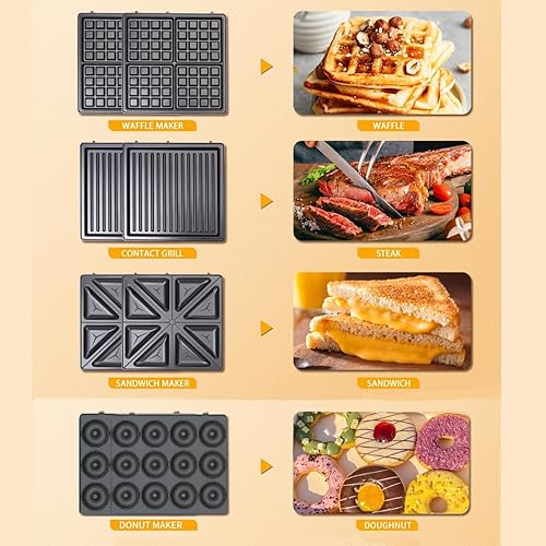 Miniatura 2 de Sandwichera 4 en 1, mini máquina de donas de 12 agujeros, 4 rebanadas de wafflera de 1400 W con placas antiadherentes, calefacción de doble cara,