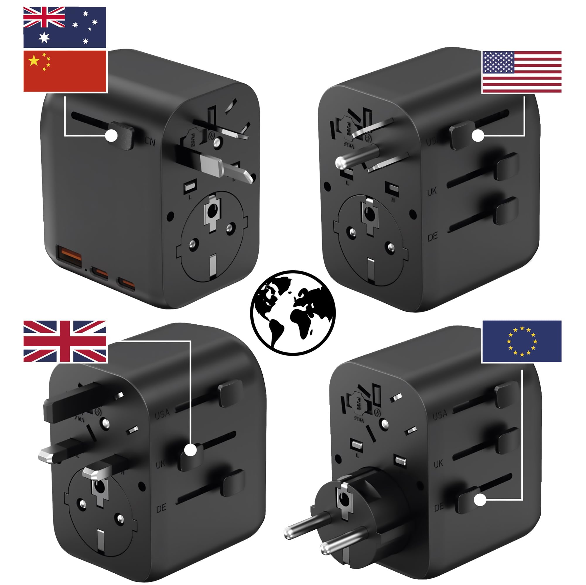 Electraline 70012 Adattatore Universale da viaggio da Europa (presa tipo C, E, F) a Mondo (Spina tipo B, G, I, F, E) con 3 USB (2 USB-C PD20W e 1 USB A)