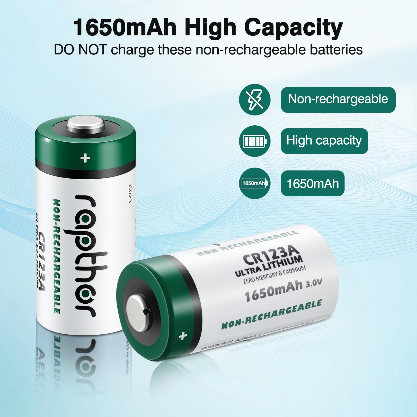 Rapthor CR123A 3V 1650mAh Lithium-Batterien 40 Stück, Ersatz für CR123 CR123A CR17345, für Taschenlampen, Kameras, Blitzgeräte, Rauchmelder, Sicherheits- und Smart-Home Geräte, Nicht wiederaufladbar