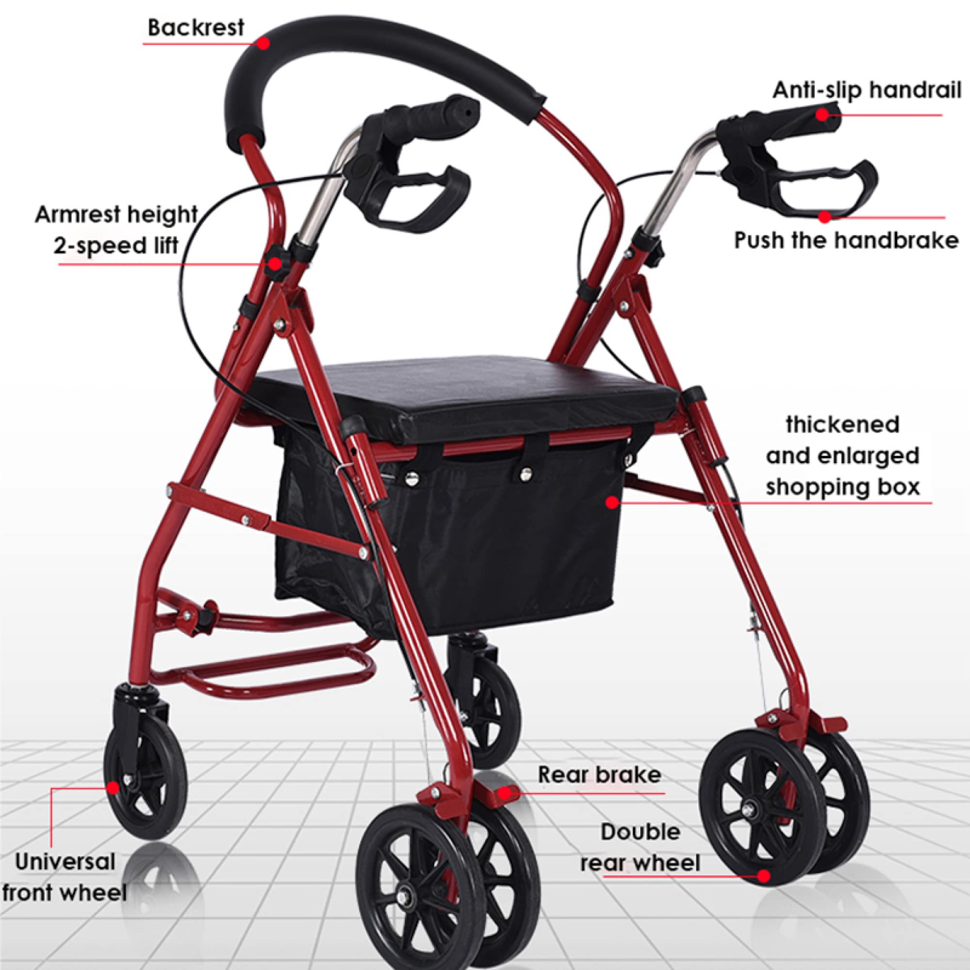 Andador con ruedas con asiento y ruedas - Andador vertical ligero de 6 ruedas con bolsa de almacenamiento/altura ajustable para personas mayores, carga hasta 264 libras/Black