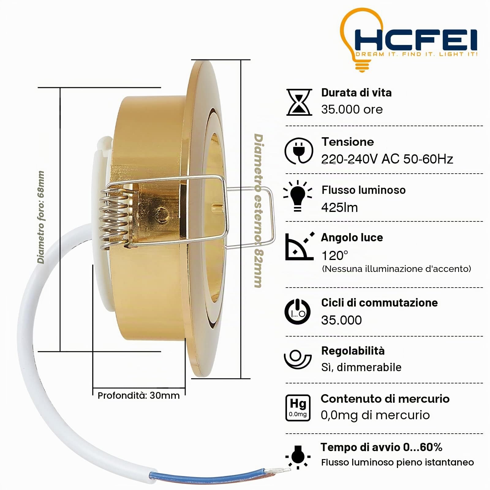 HCFEI Faretto LED dimmabile, oro opaco, rotondo, orientabile, 5 W, piatto, 230 V, faretto incasso 68 mm, diffusione 120°, bianco neutro 4000 K (confezione 10)