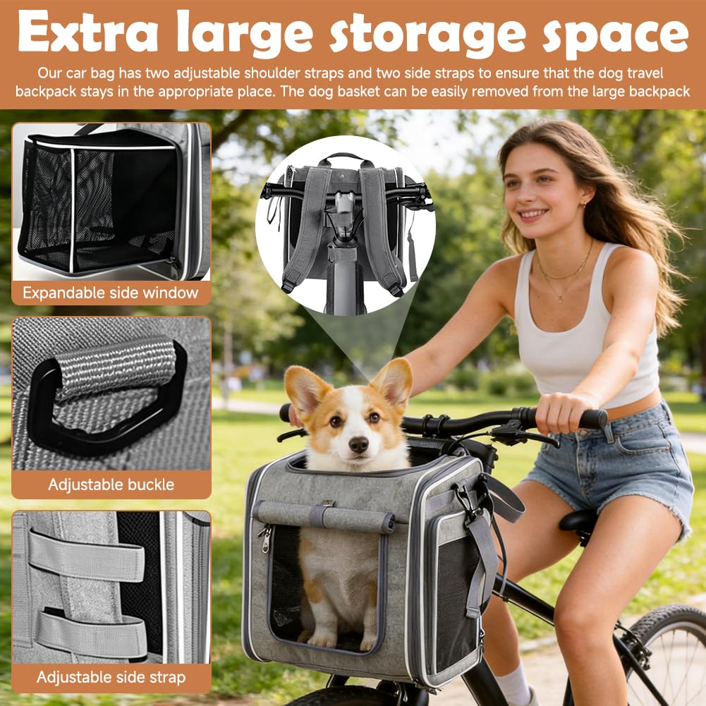 Kosz rowerowy dla psa z przodu do 10 kg, składany, oddychający kosz rowerowy dla psa, rozszerzalny plecak dla psa, z 4 otwartymi drzwiami, okienkiem z 4 siateczki, dla małych szczeniaków