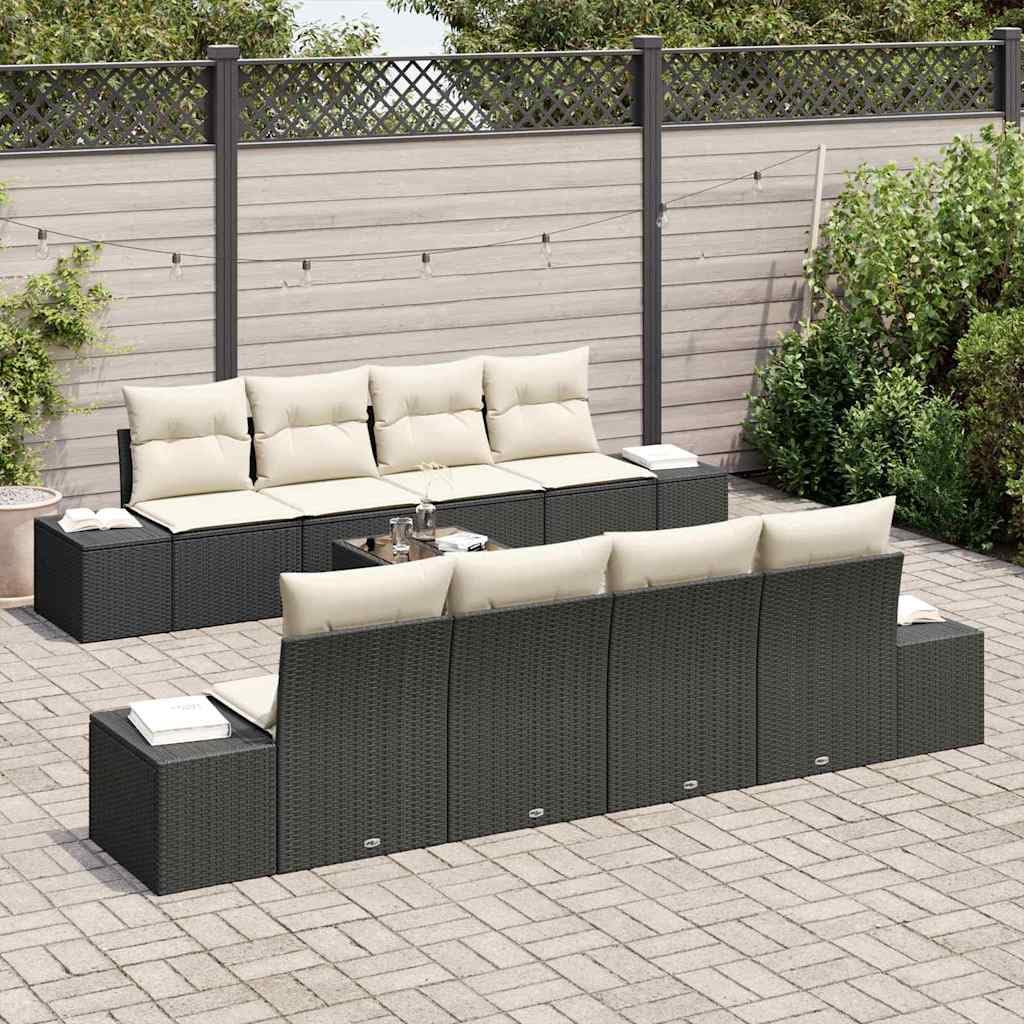 Set Divano da Giardino 7 Pezzi in Polyrattan Nero e Crema | Salotto modulare da esterno per terrazzo e patio con cuscini sfoderabili e tavolino coordinato