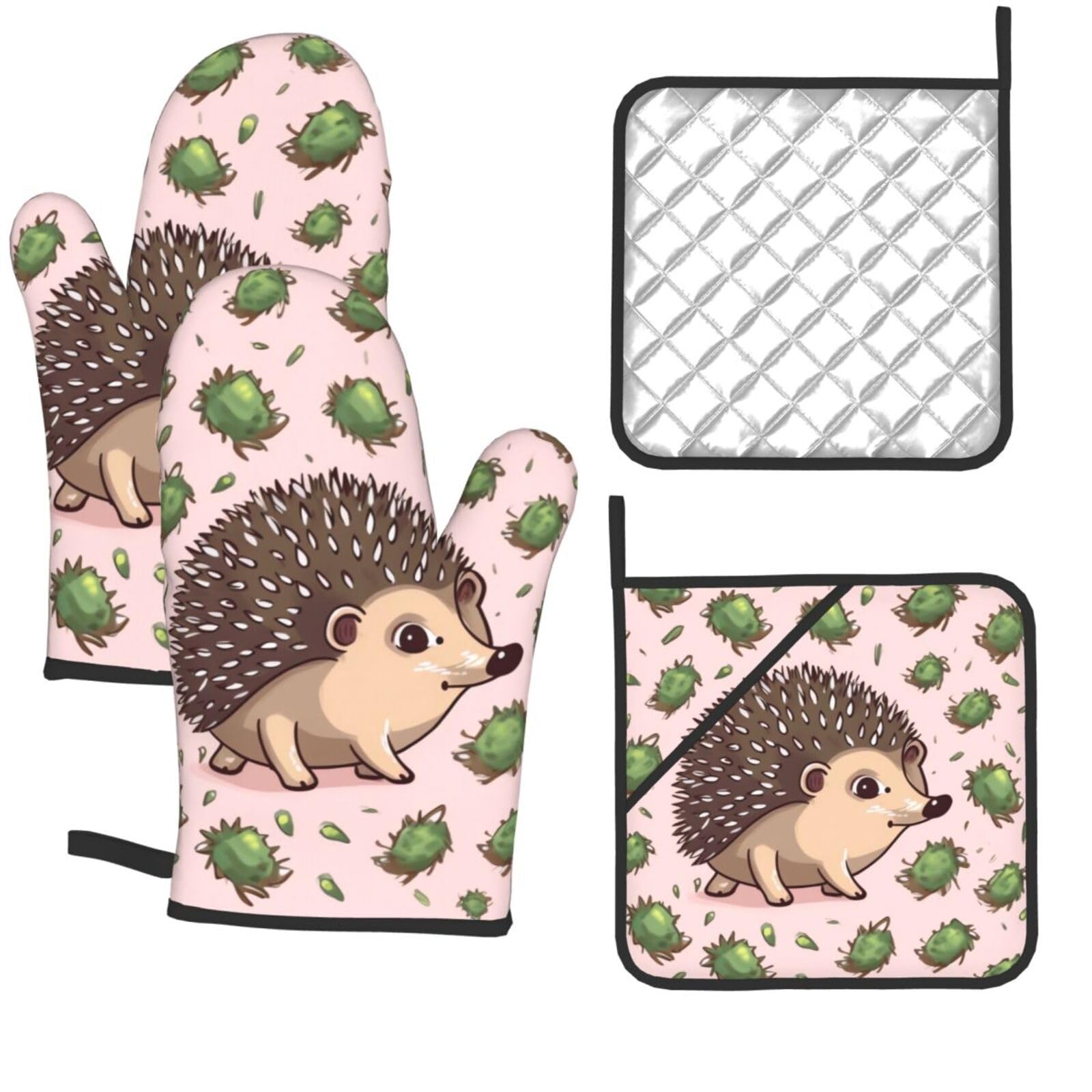 4 Pcs Oven Mitts and Pot Holders Set Kitchen Oven Gloves Heat Resistant Potholders Non-Slip Hot Pads Cartoon Hedgehog Oven Mits for Cooking Baking Grilling