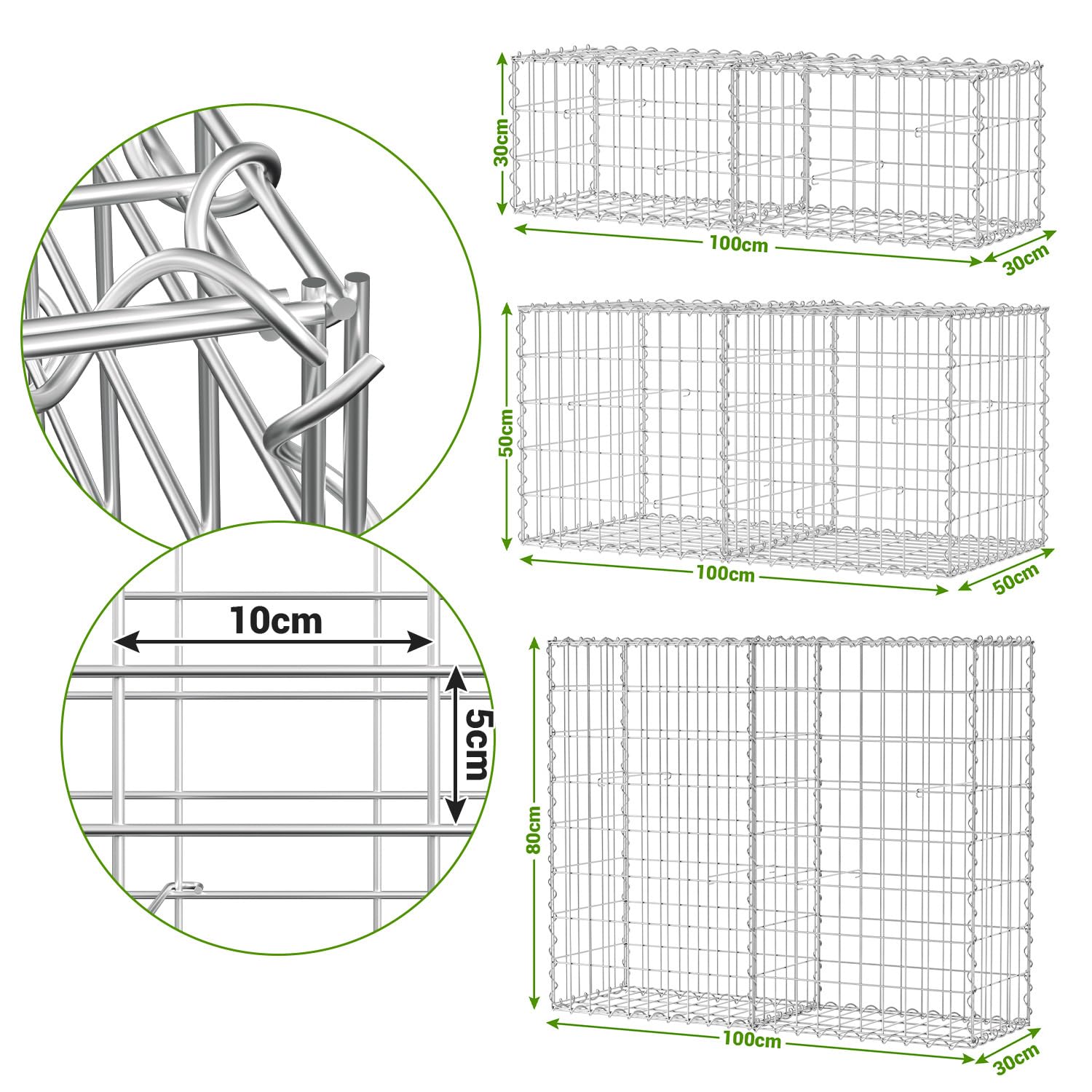Lot de 2 gabions - 100 x 30 x 30 cm - En métal galvanisé - Pour mur, jardin, fil de 4 mm d'épaisseur - Avec maille de 5 x 10 cm