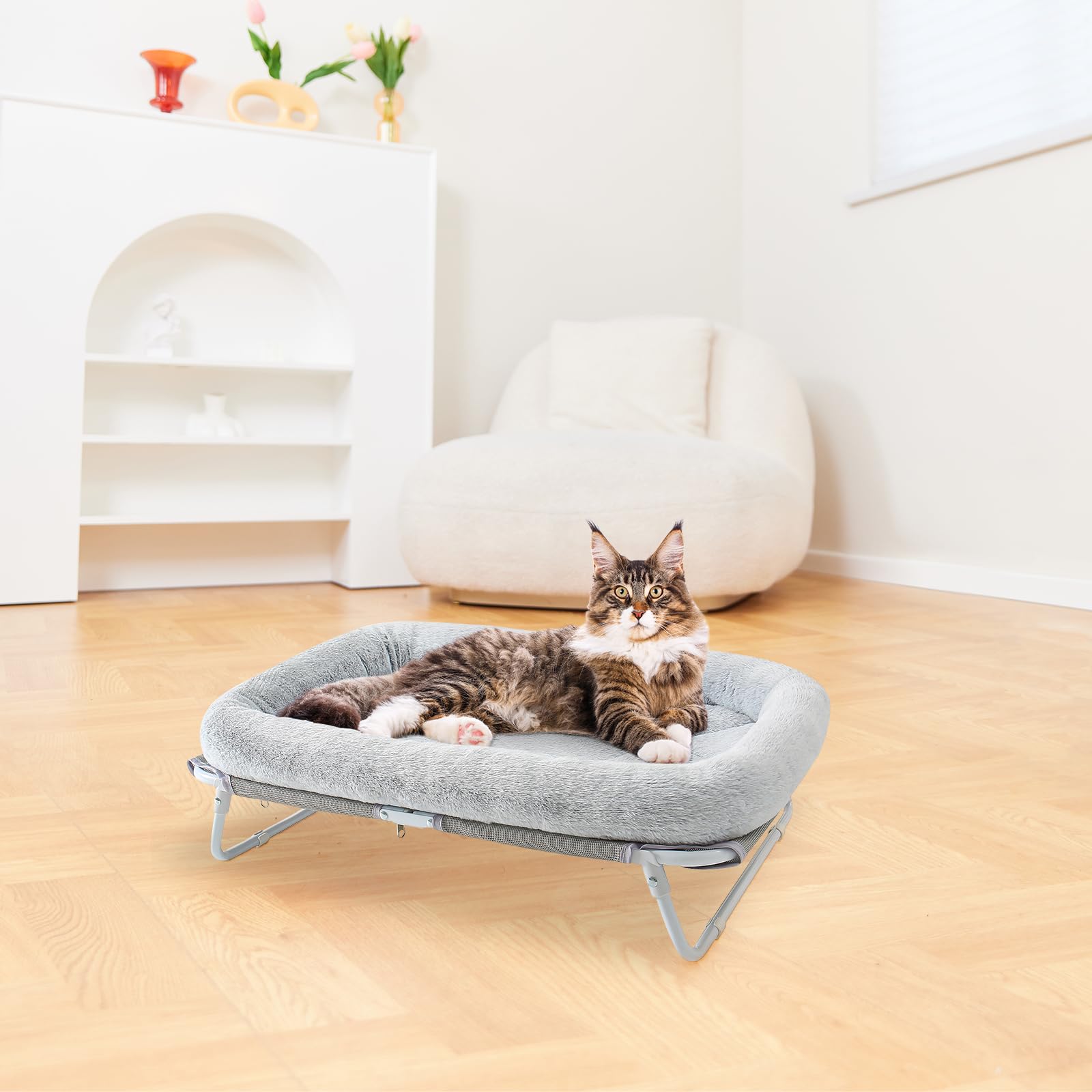 GUUSII HOME Erhöhtes Katzenbett Katzenhängematte Große Freistehende Katzen Bett Hundebett für Kleine Hunde Haustier Katzensofa mit Metallstützrahmen Katzenliege Couch 64X40X19cm（Grau）