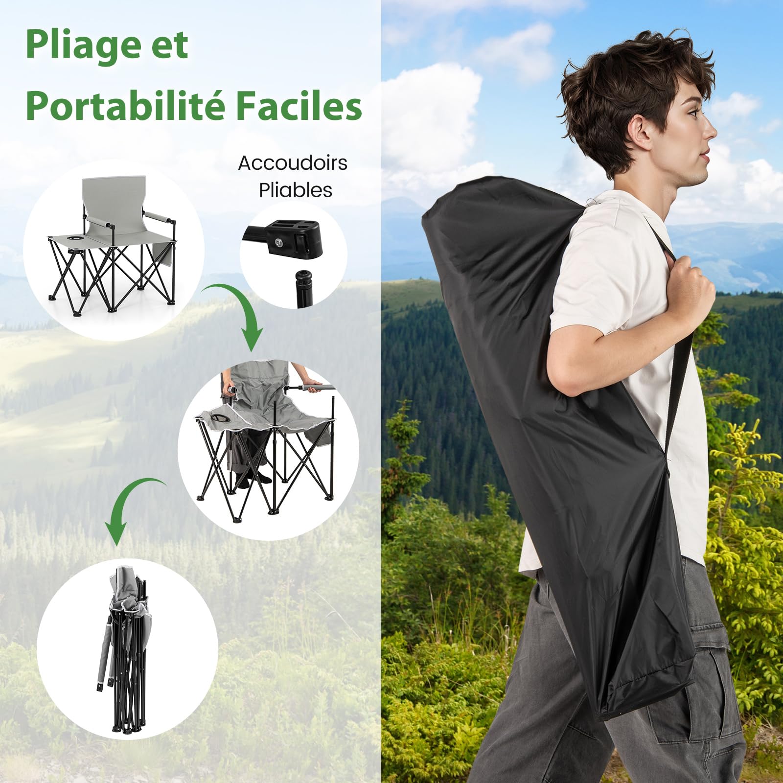 GOPLUS Lot de 2 Chaises de Camping avec Table d'Appoint, Chaise de Plage Pliante avec Porte-gobelet, Poches de Rangement, Ultra Leger, Sac Transport, Charge 150 kg, pour Pêche, Pique-Nique (Gris)