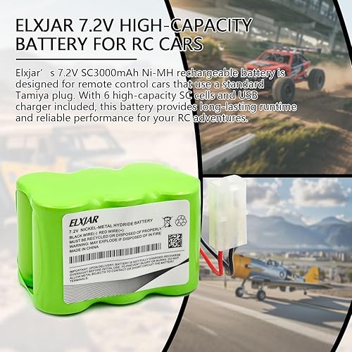 Miniatura 2 de Paquete de 2 baterías Ni-MH de 6 celdas de 7.2 V 3000 mAh con enchufe Tamiya estándar y cargador USB para autos a control remoto, camiones, buggies,