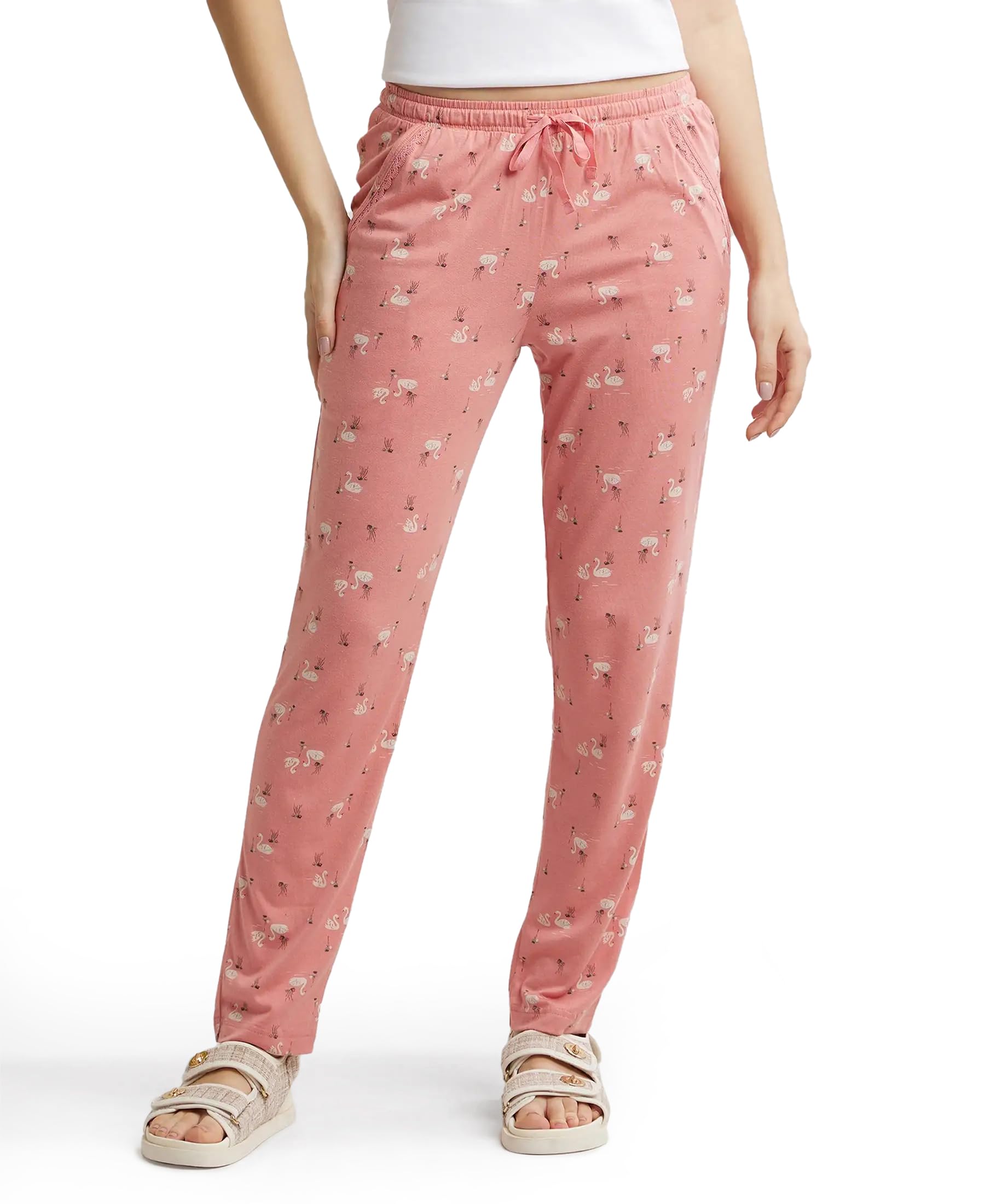 Jockey RX09 Women's Micro Modal Cotton Relaxed Fit Printed Pyjama with Lace Trim on Pockets (Colors & Prints May Vary)