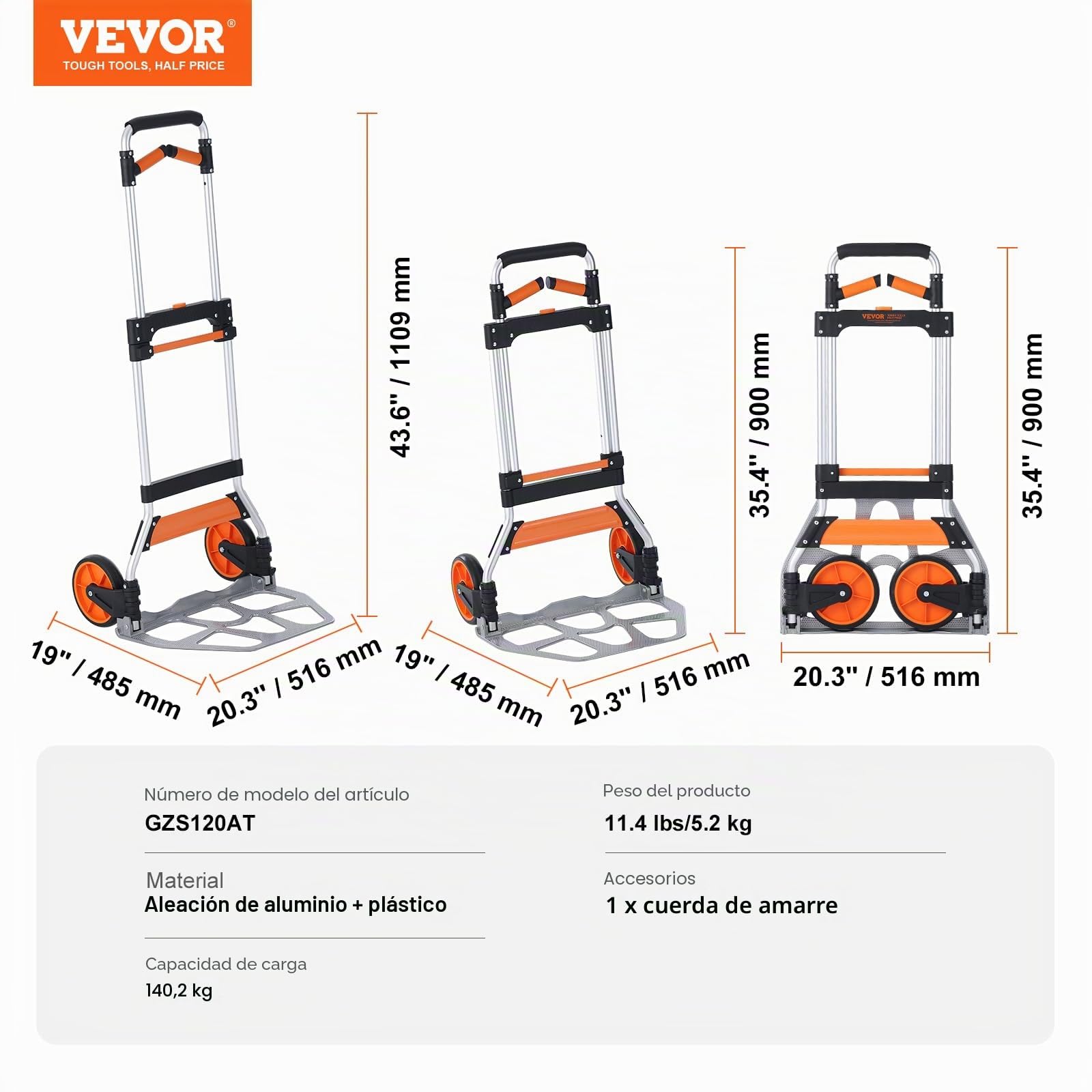 VEVOR Carretilla de Mano Plegable de Aluminio Carga de 140 kg Carro de Mano de Alta Resistencia con Ruedas de Goma Mango Telescópico para Transporte Doméstico, Mercancías de Almacén Supermercado
