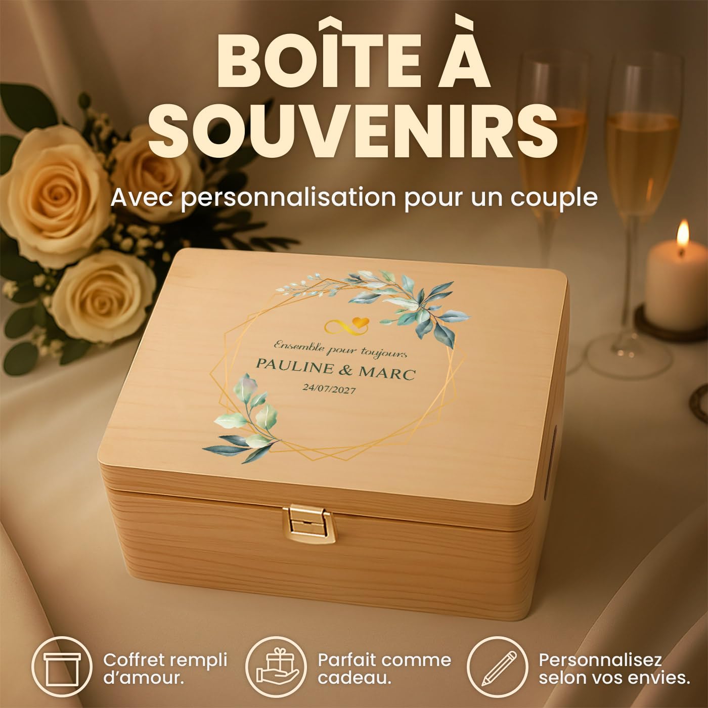 Maverton Boite a Souvenir Personnalisable - Cadeau Personnalisé pour couple - L/XL Boite de Rangement avec Couvercle en Bois de Pin Naturel - Cadeau Noel - Cadeau Mariage Anniversaire Amoureux
