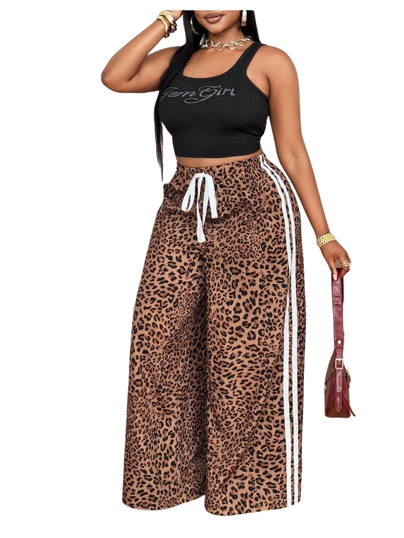 Womens Plus Size Leopard Baggy Pants Y2k Stripe Cheetah Pants Tie Front Wide Leg Loose Trousers