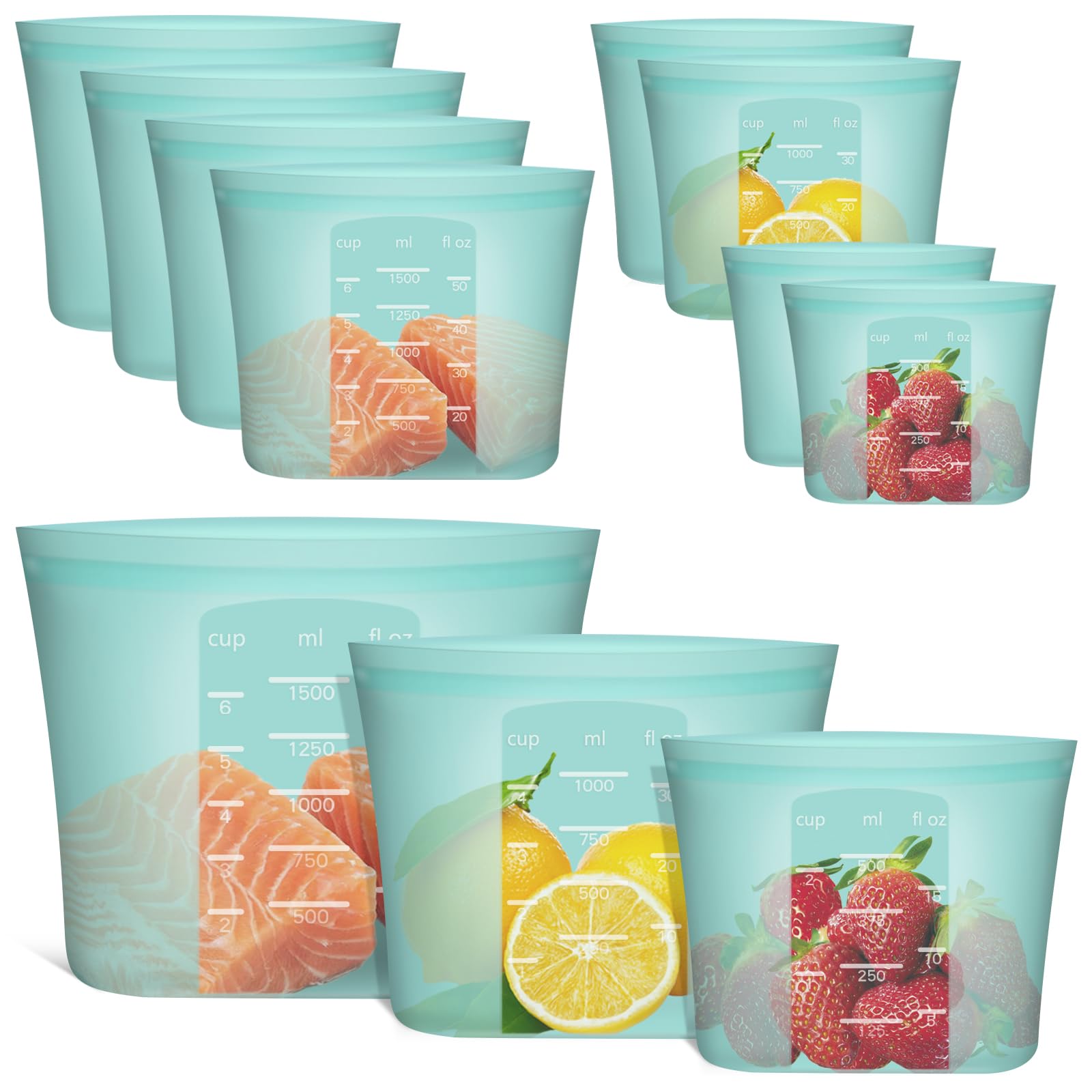 Reusable Food Bags, 8 Pack 100% Silicone Food Storage Bags Stand Up Zip Lock Container, Freezer Microwave Oven Dishwasher Safe, 4 Medium 2 Small 2 Extra Small, Aqua
