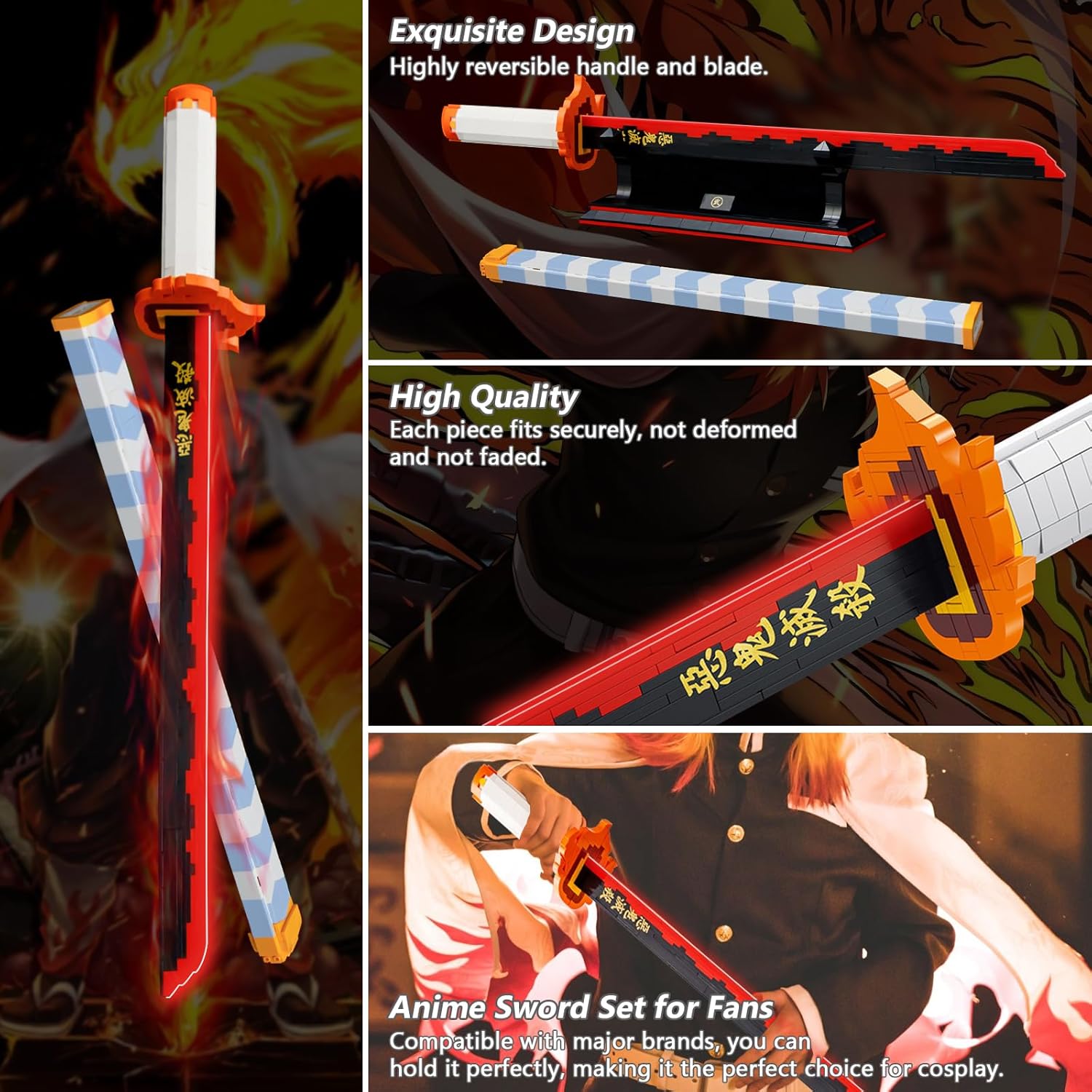 HIGH GODO Demon Anime Sword Building Set, 27in Rengoku Kyoujurou Sword Building Block with Scabbard and Stand, Cosplay Anime Sword Set for Adults Teens 14+ (790 Pieces)