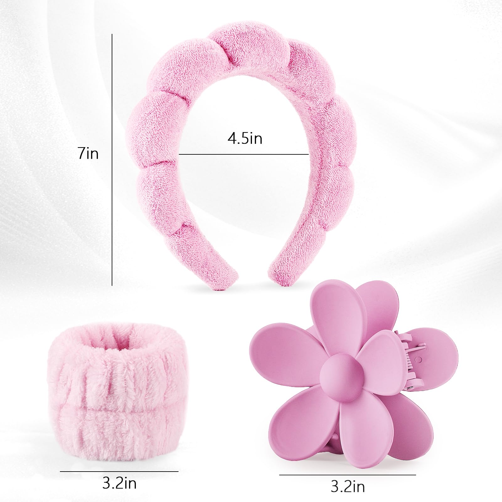 JYOUX 4PCS Fluffy Spa Headbands, Face Band with Wrist, Floral Hairpin for Skin Care Headband and Wristband+Pink - Image 2