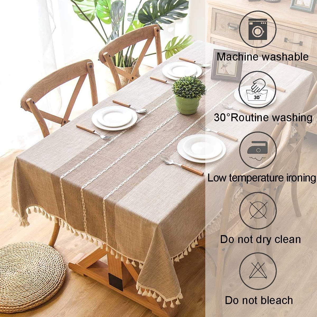 smiry Rustic Farmhouse Linen Tablecloth, Embroidered Burlap Table Cloth with Tassel, Wrinkle Resistant Dining Room tablecloths for Rectangle Tables, 55 x 102 inches, Linen