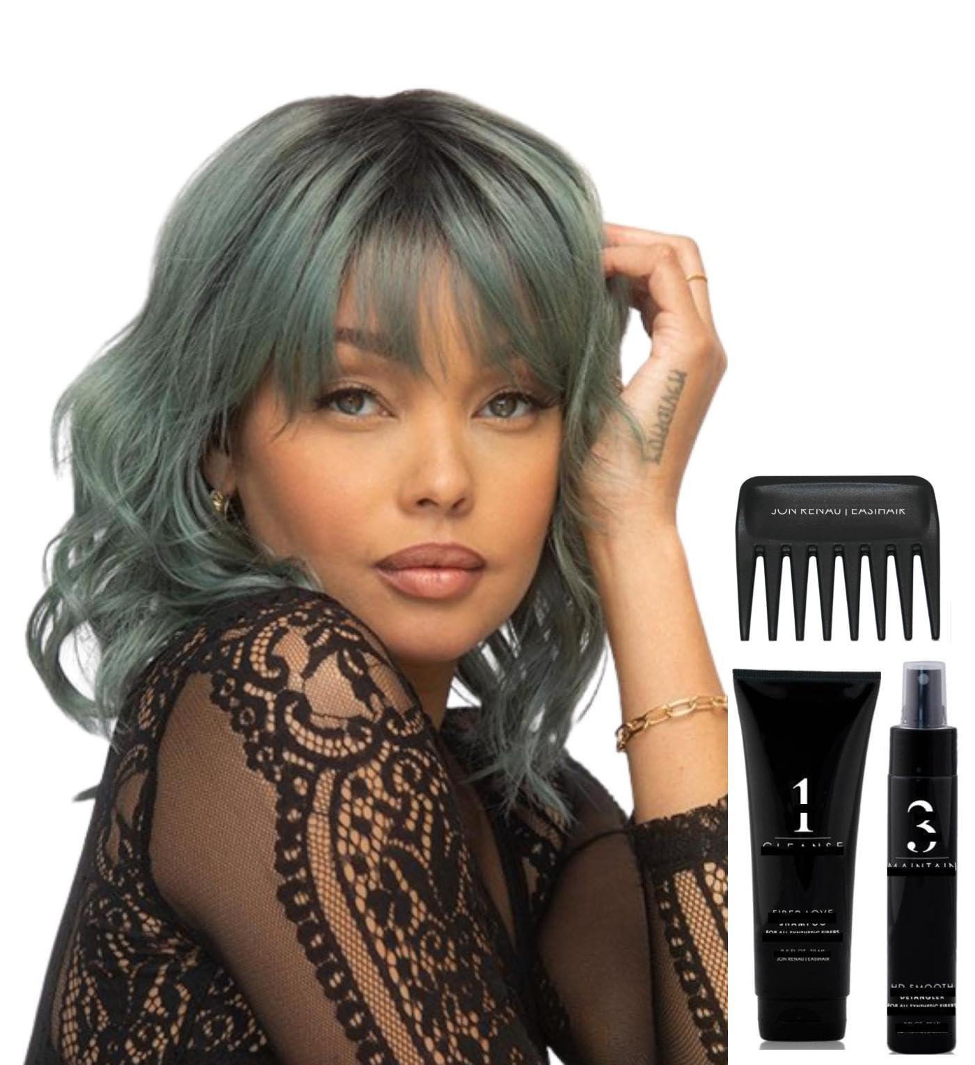 Bundle - 5 Items: Breezy Wavez by Rene of Paris, Christy's Wigs Q & A Booklet, 2oz Travel Size Wig Shampoo, HD Smooth and Wide Tooth Comb - Color: MARBLE BROWN