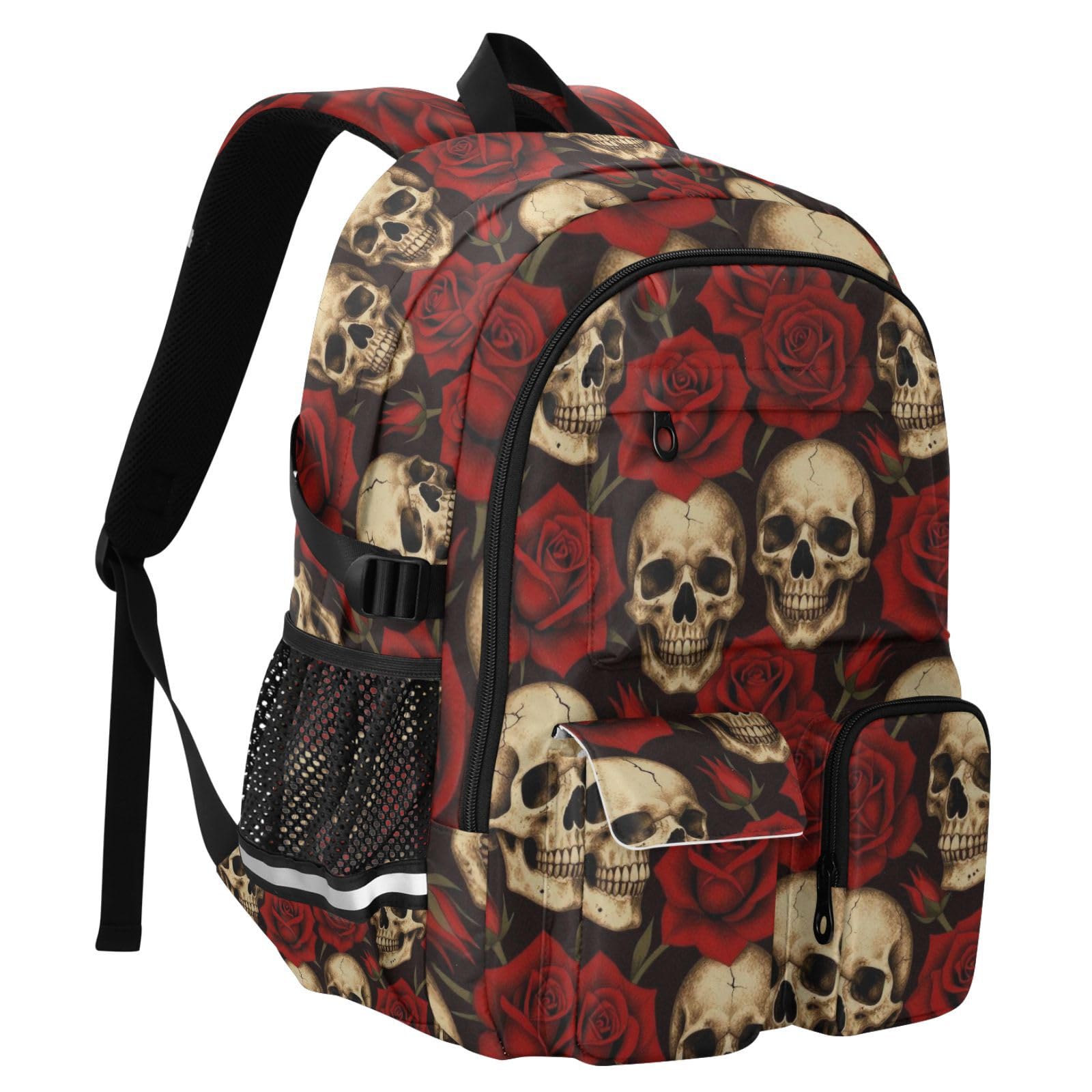 Zaino da viaggio per computer portatile, con teschi e rose, retrò, per lavoro, università, scuola, 44,5 cm