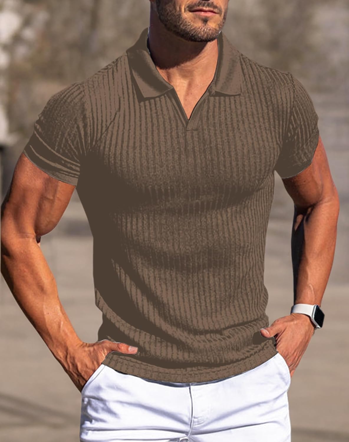 Men's Collared Muscle Polo Shirts Slim Fit Short Sleeve V Neck T Shirts Men Zipper Ribbed Golf Shirt Casual Stylish - Image 9
