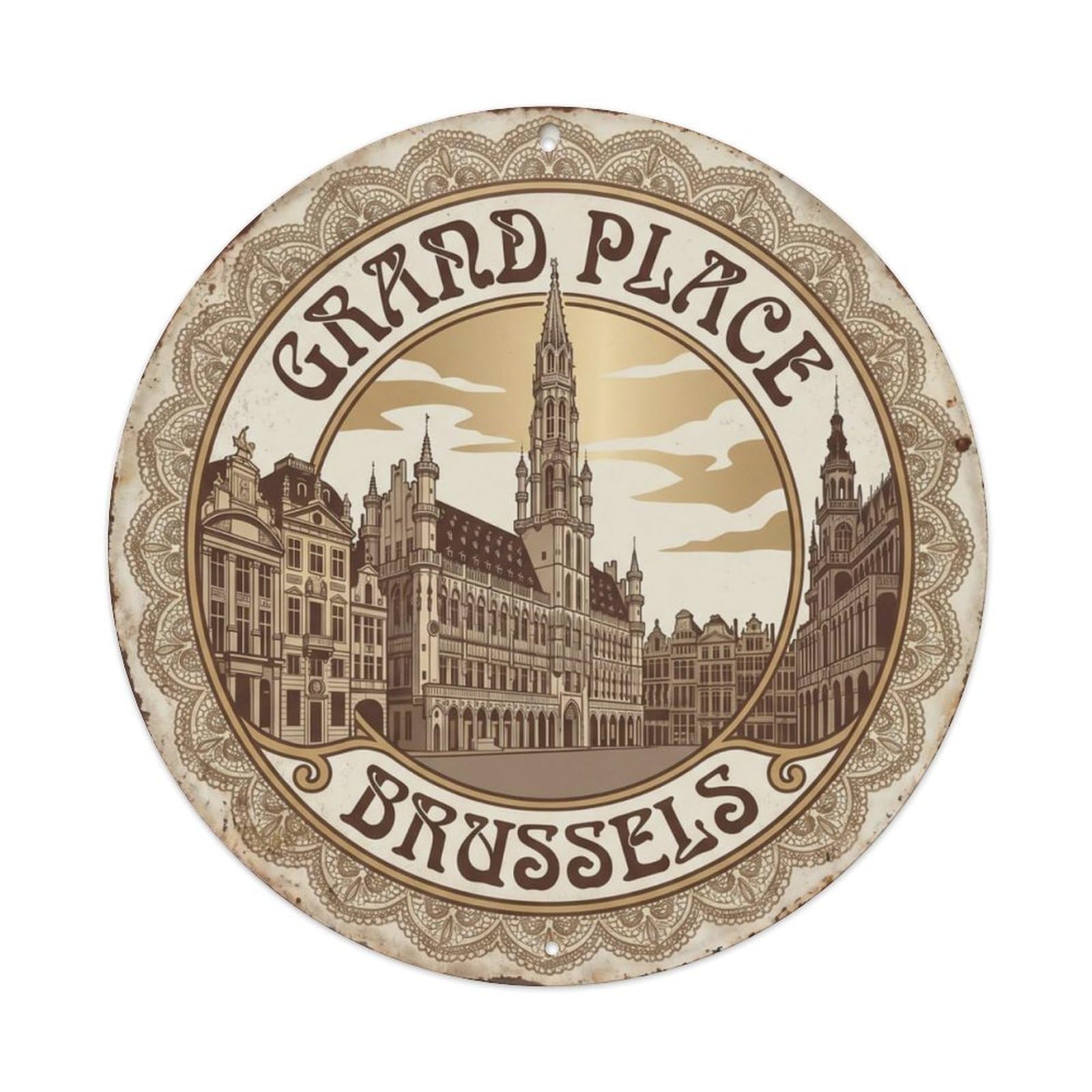 Vintage Travel Brussels Belgium Square Metal Tin Sign Plaque Wall Decor for Cafe, Club Bar, Office, Home Garden Round Metal Poster 8x8Inch